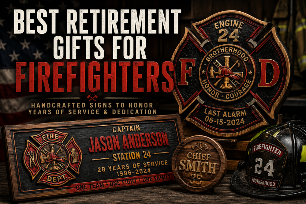 Custom handcrafted firefighter retirement wood sign by Cornbread Customs