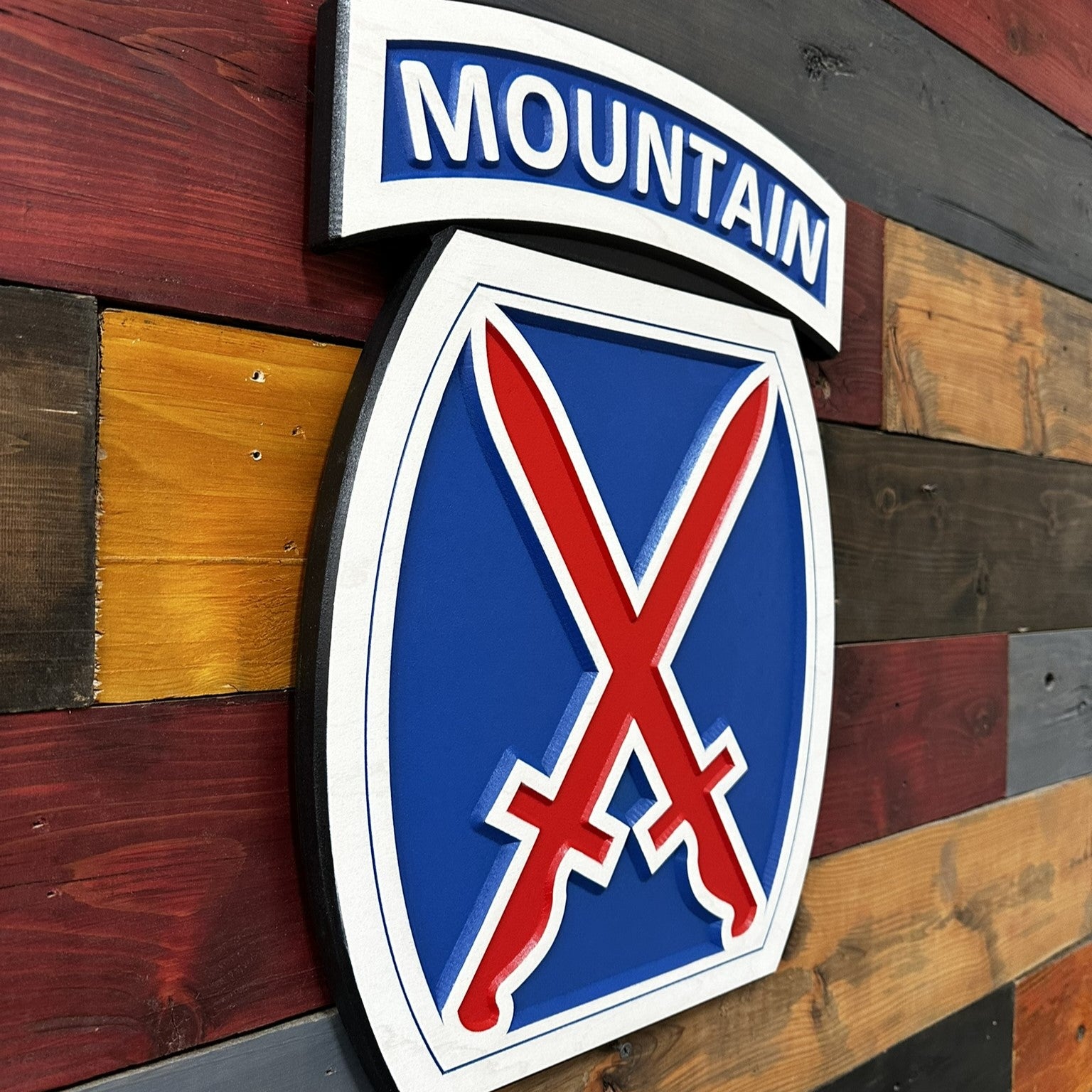 angled view of 10th Mountain Division wall sign showing dimensional carved depth