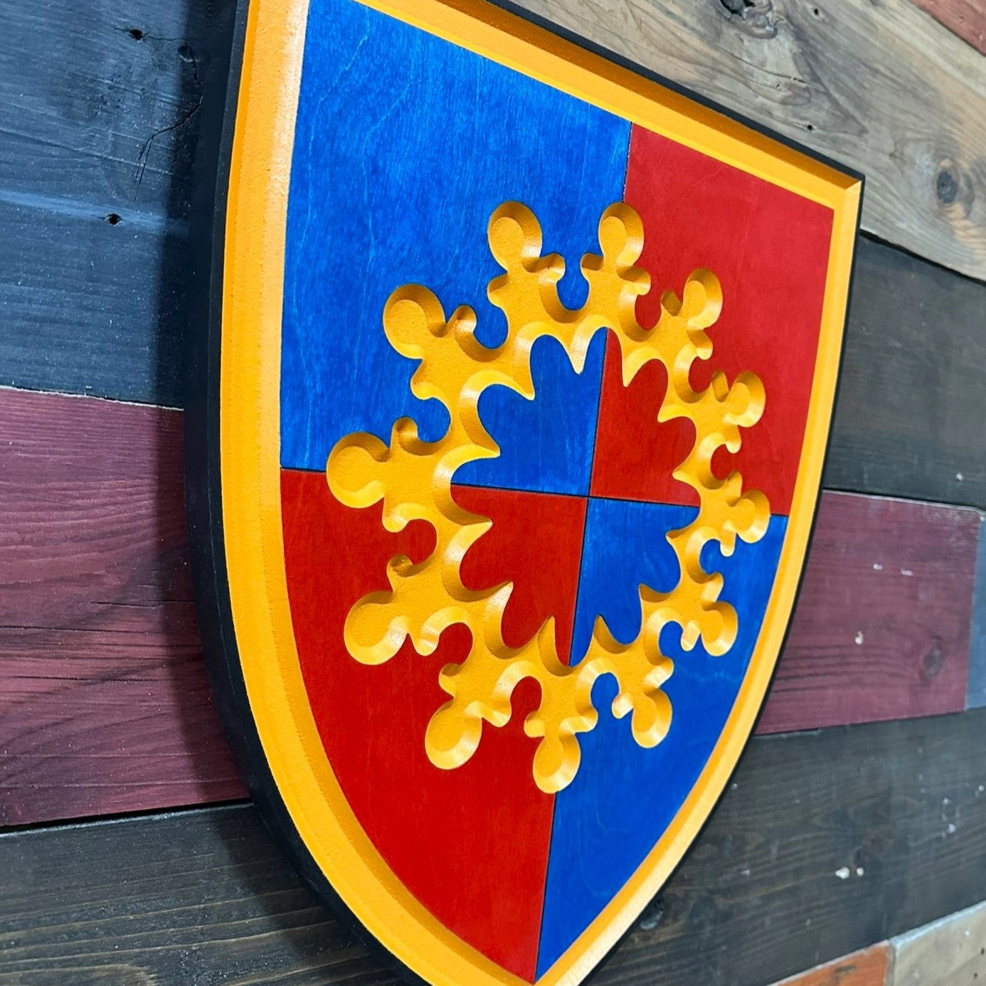 Side view of 149th Maneuver Enhancement Brigade carved wood wall sign showing thickness
