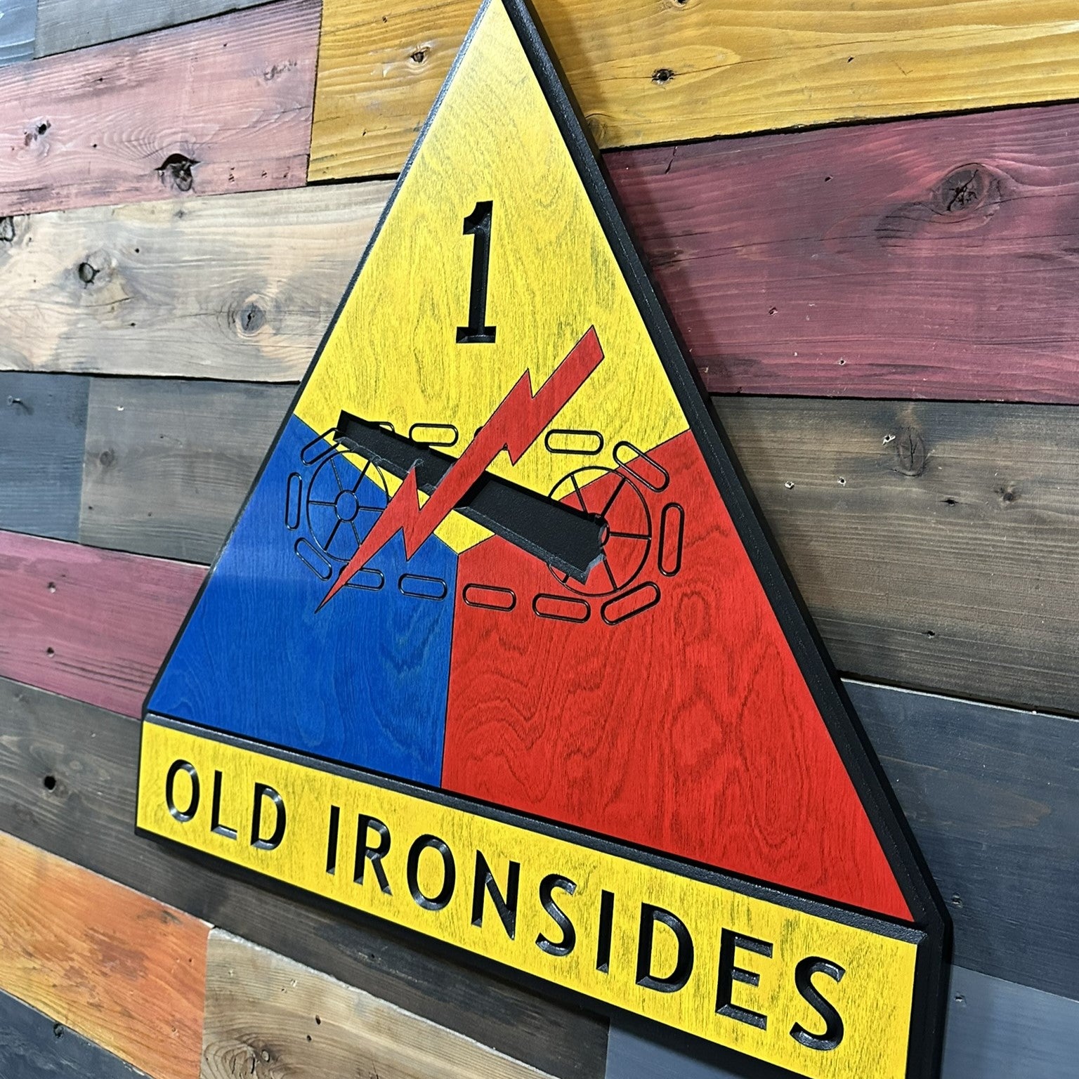 1st Armored Division Old Ironsides carved wood wall decor mounted on wall in home or office setting