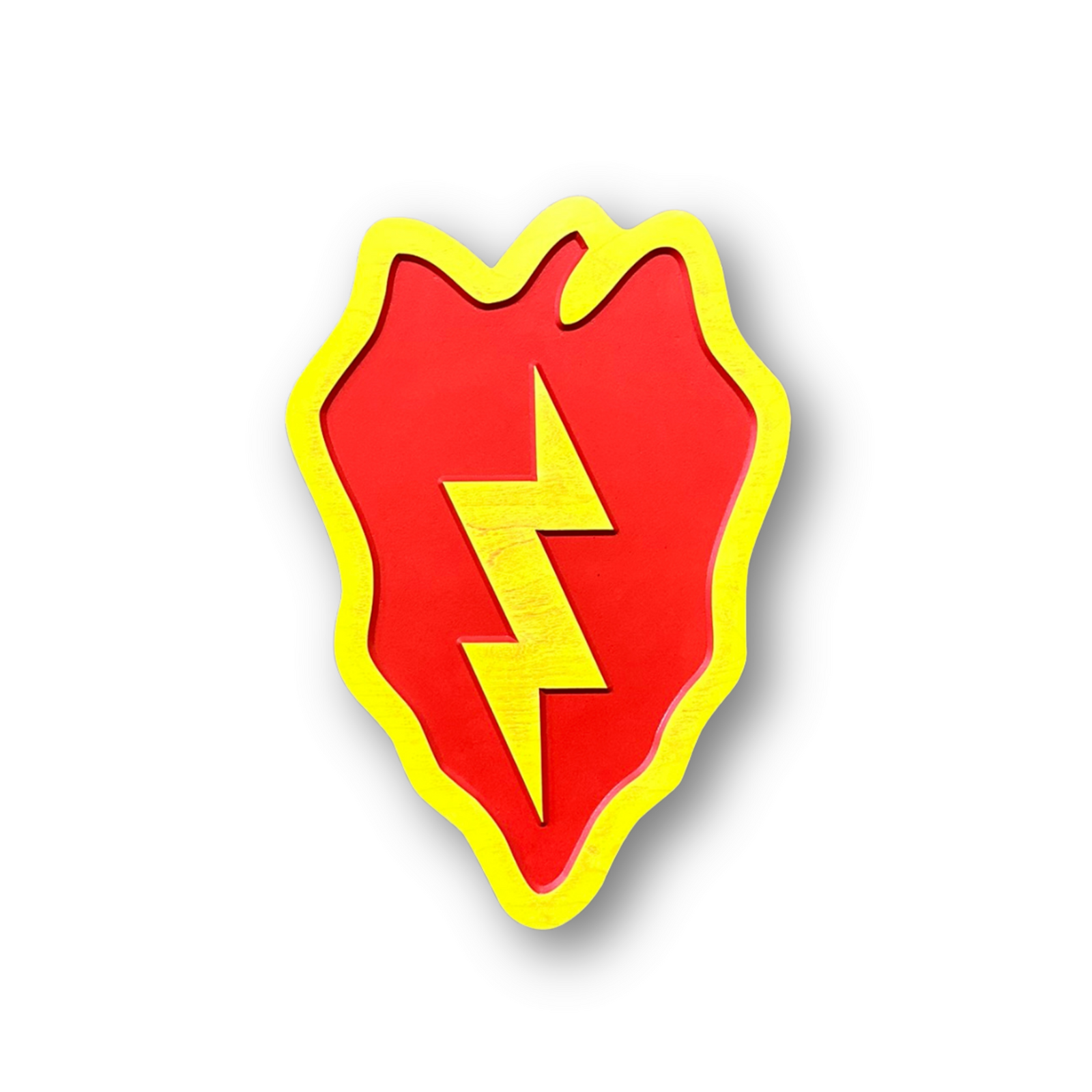 Officially licensed US Army 25th Infantry Division Tropic Lightning carved wood wall sign with red taro leaf and yellow lightning bolt