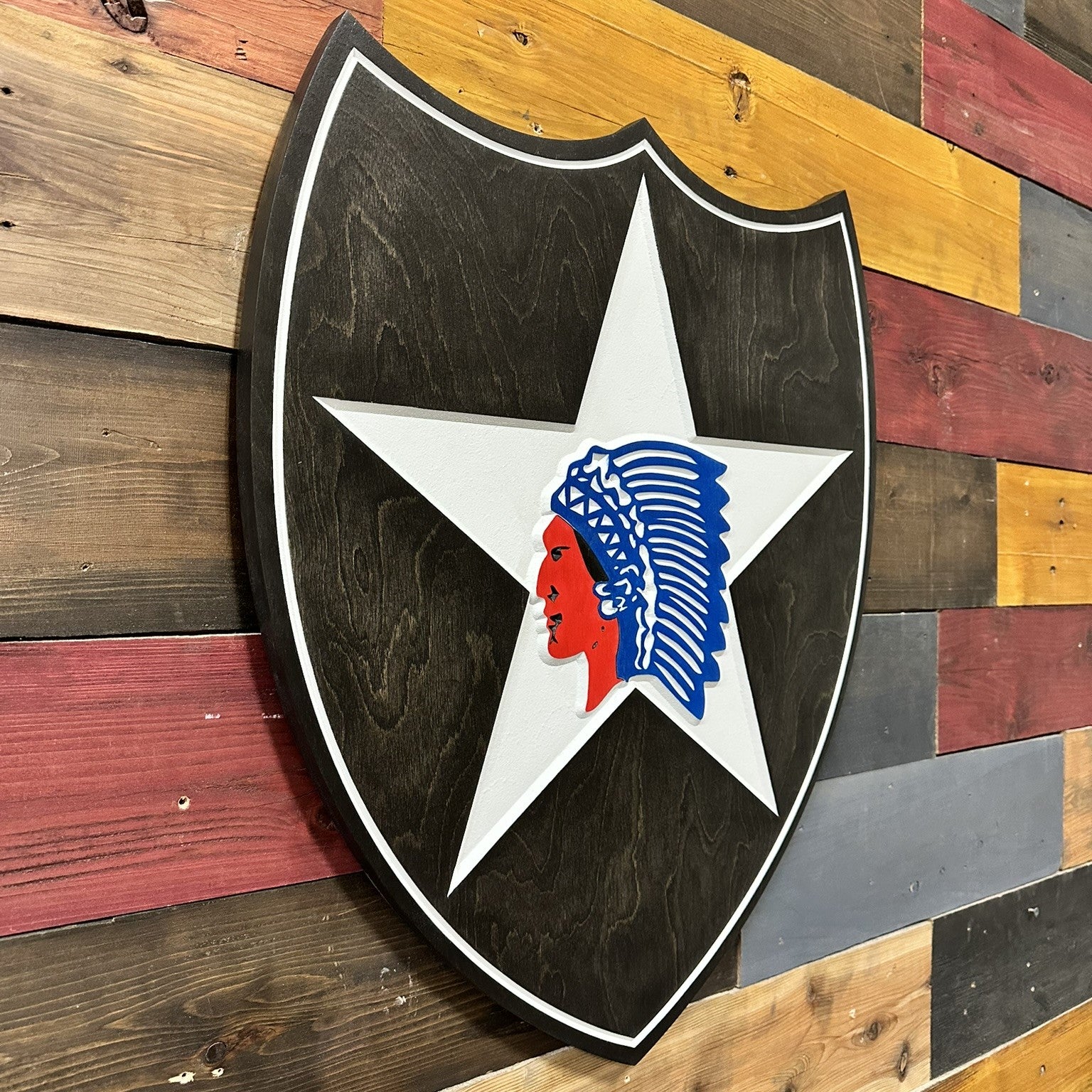 2nd Infantry Division Indianhead carved wood wall sign mounted in home or office setting