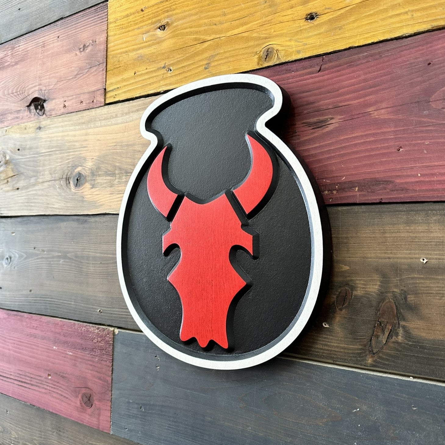US Army Red Bull Infantry Division emblem carved wooden wall sign