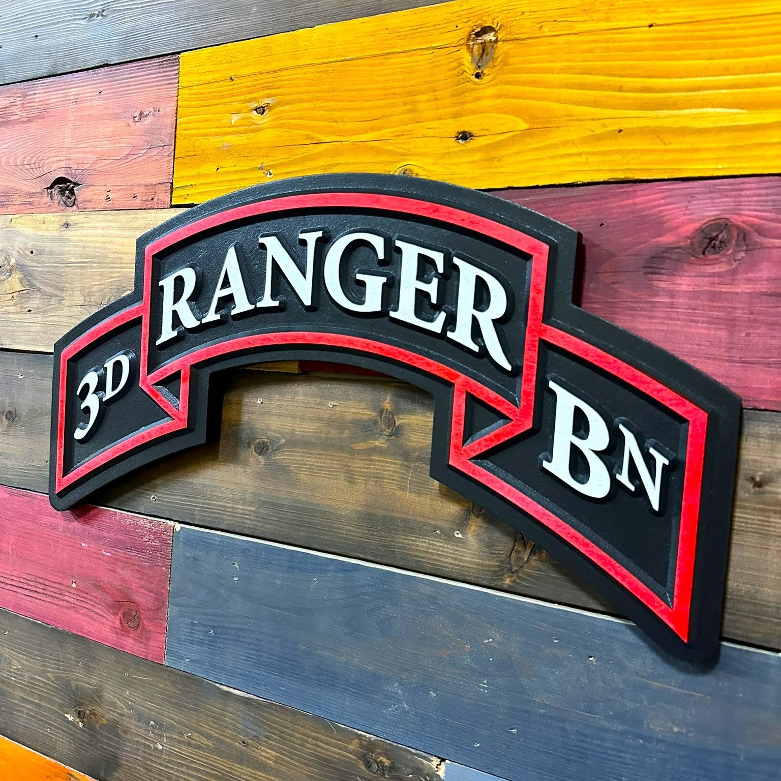 3rd Ranger Battalion carved wood Ranger scroll wall sign mounted in home or office setting
