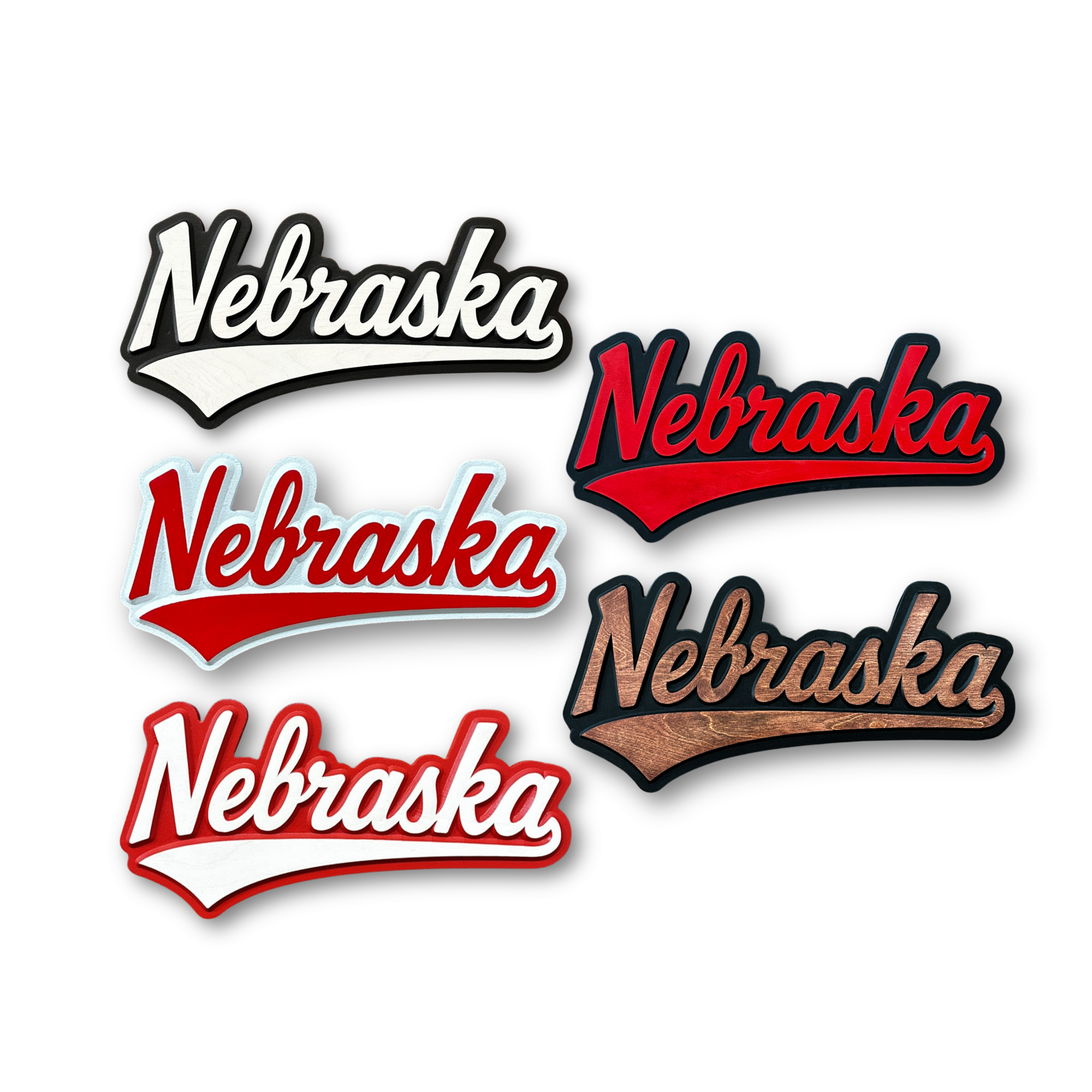 Five 'Nebraska' logos in different colors on a white background