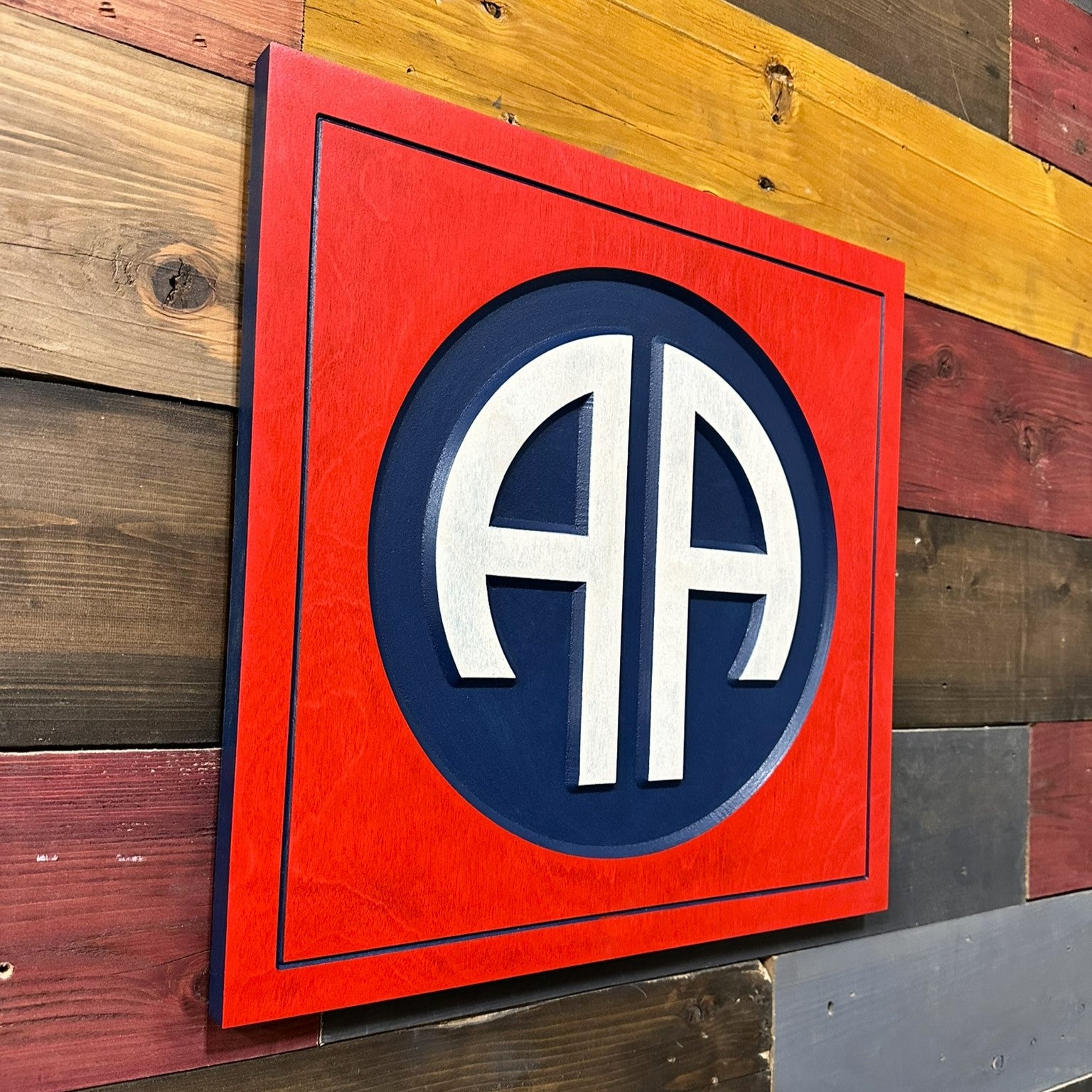 Side view of 82nd Airborne Division AA carved wood wall sign showing ¾ inch thickness