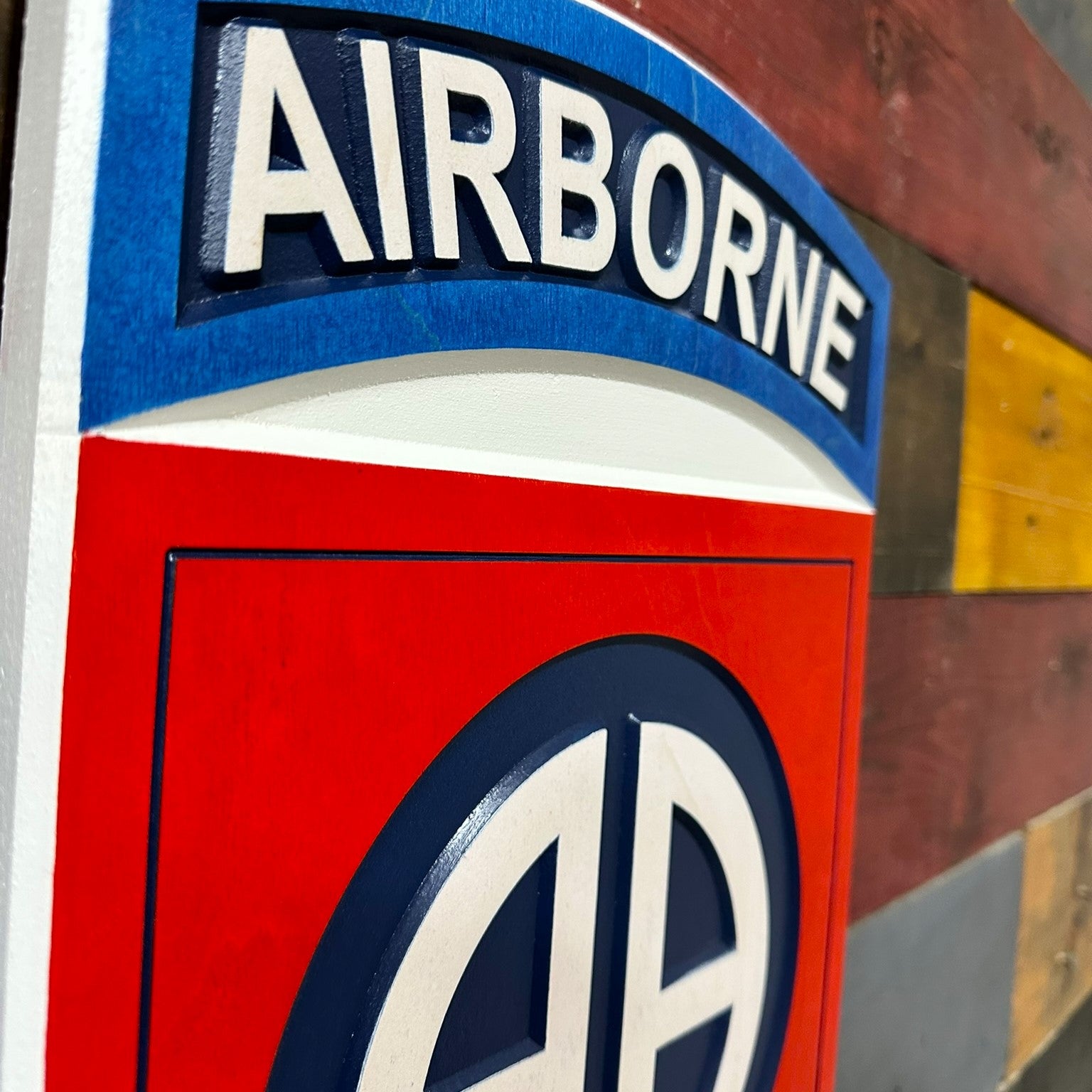 Side profile of 82nd Airborne Division carved wood wall sign showing ¾ inch thickness