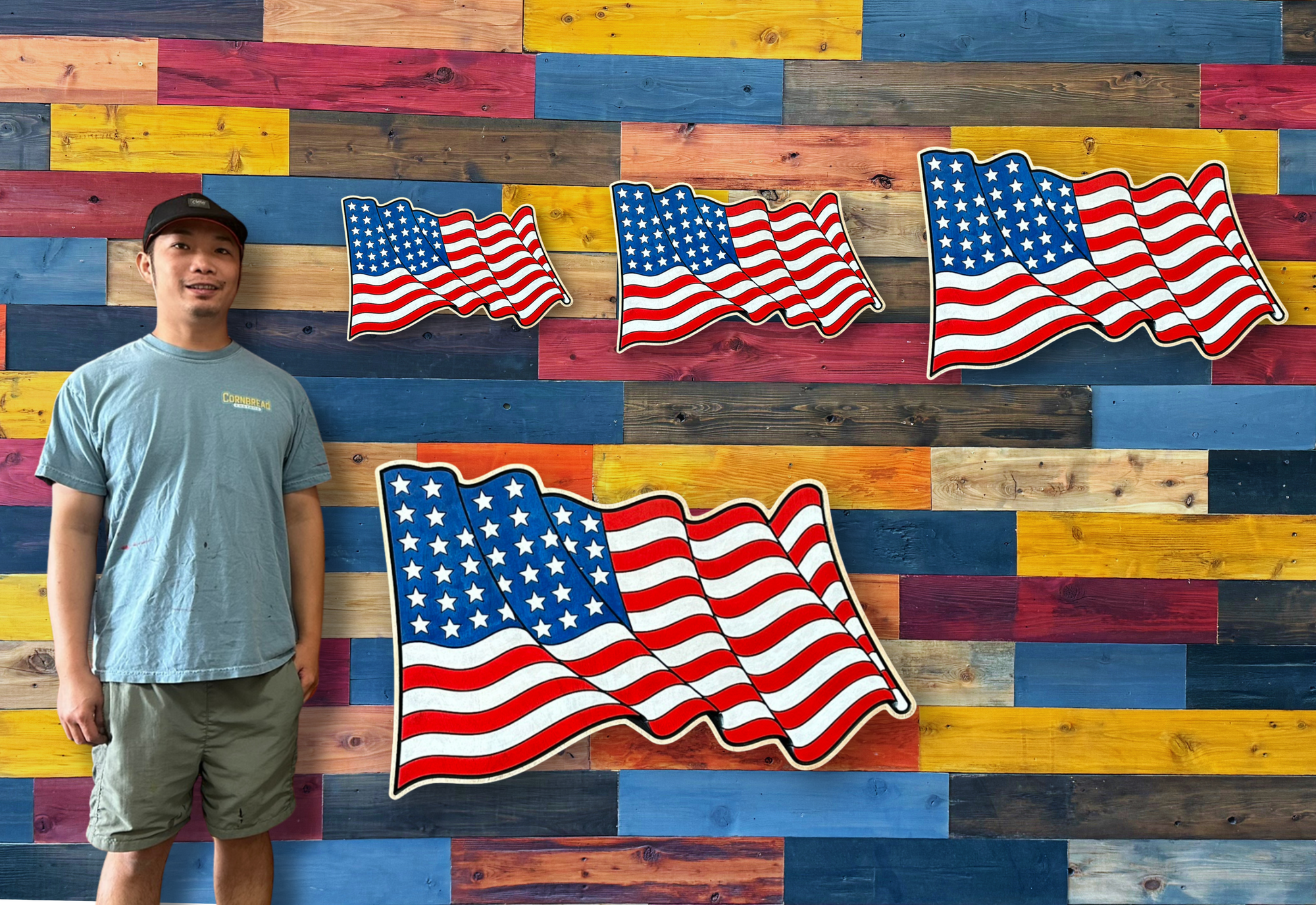 handcrafted waving American flag wood sign made in Nebraska sizing