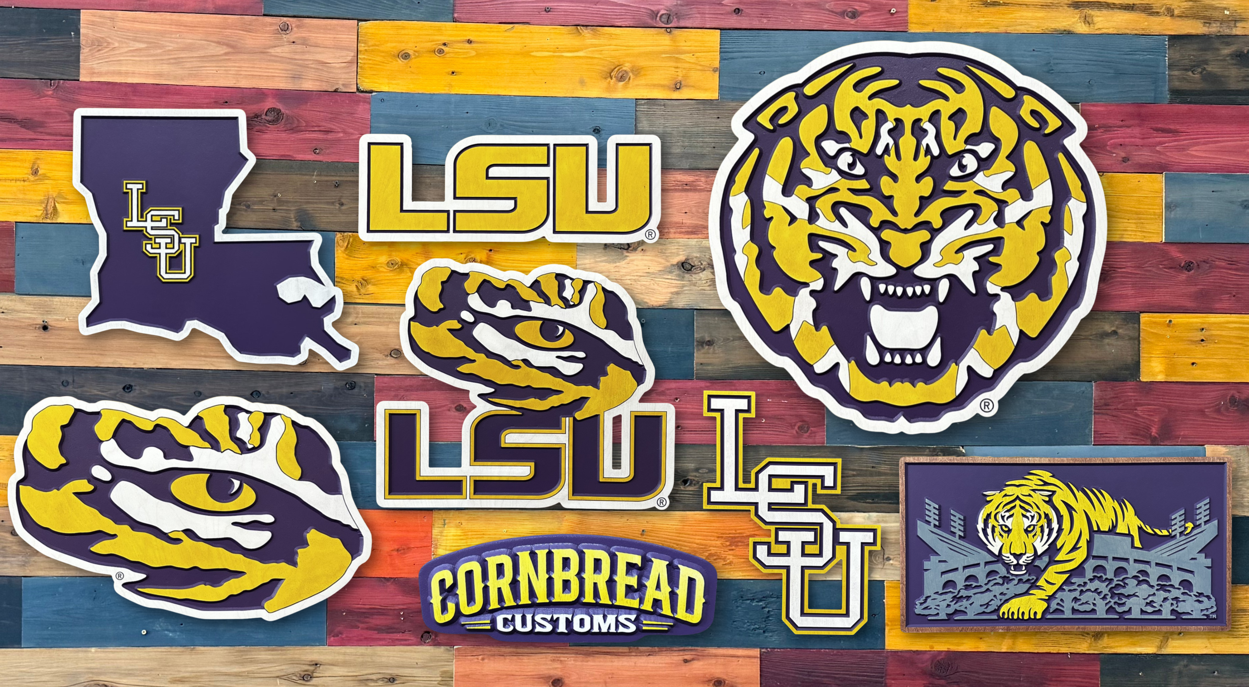 Collection of LSU logos and graphics on a wooden background with 'Cornbread Customs' branding.
