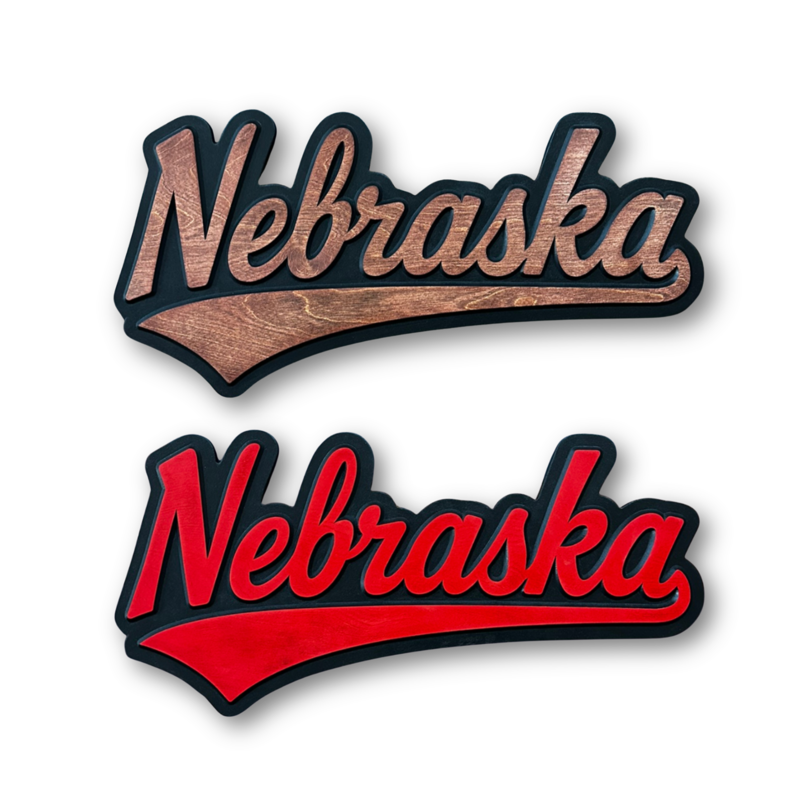 Two 'Nebraska' logos, one in brown and black, the other in red and black, on a white background.