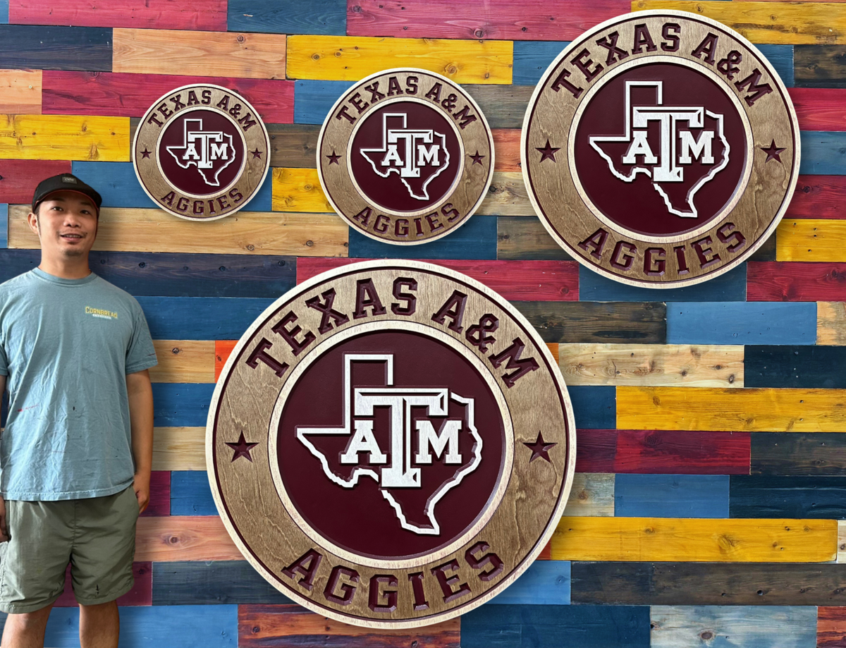 Texas A&M Aggies handcrafted wood wall art featuring the ATM logo inside the state of Texas