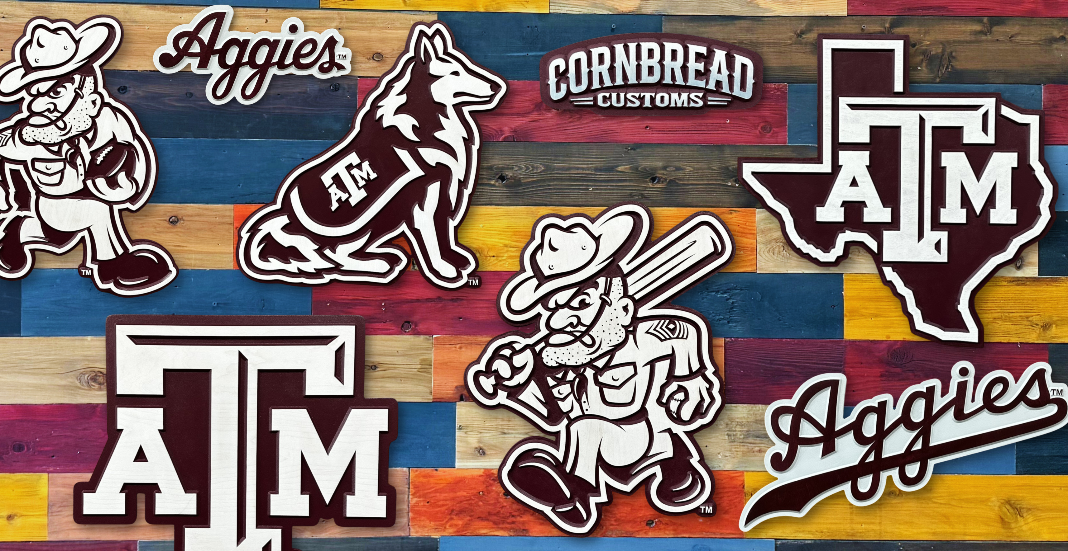 Logos of Texas A&M University on a wooden background with colorful planks.