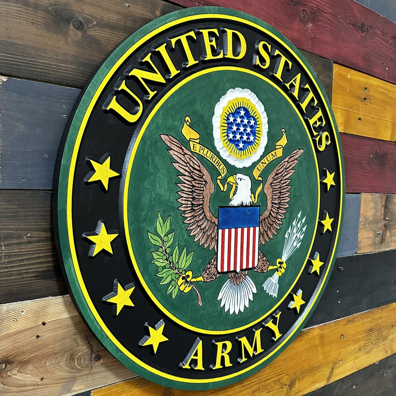 United States Army wooden wall sign displayed indoors showing dimensional carving and handcrafted finish