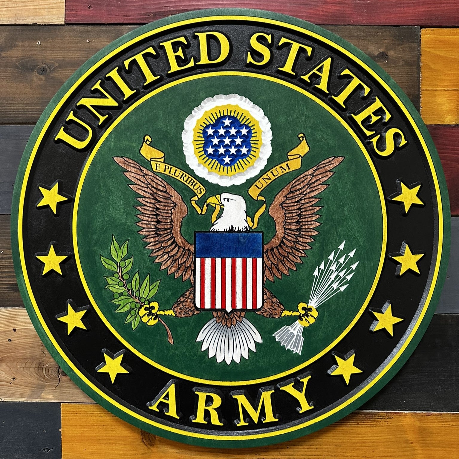 Official United States Army wooden sign featuring CNC carved emblem and hand-painted details