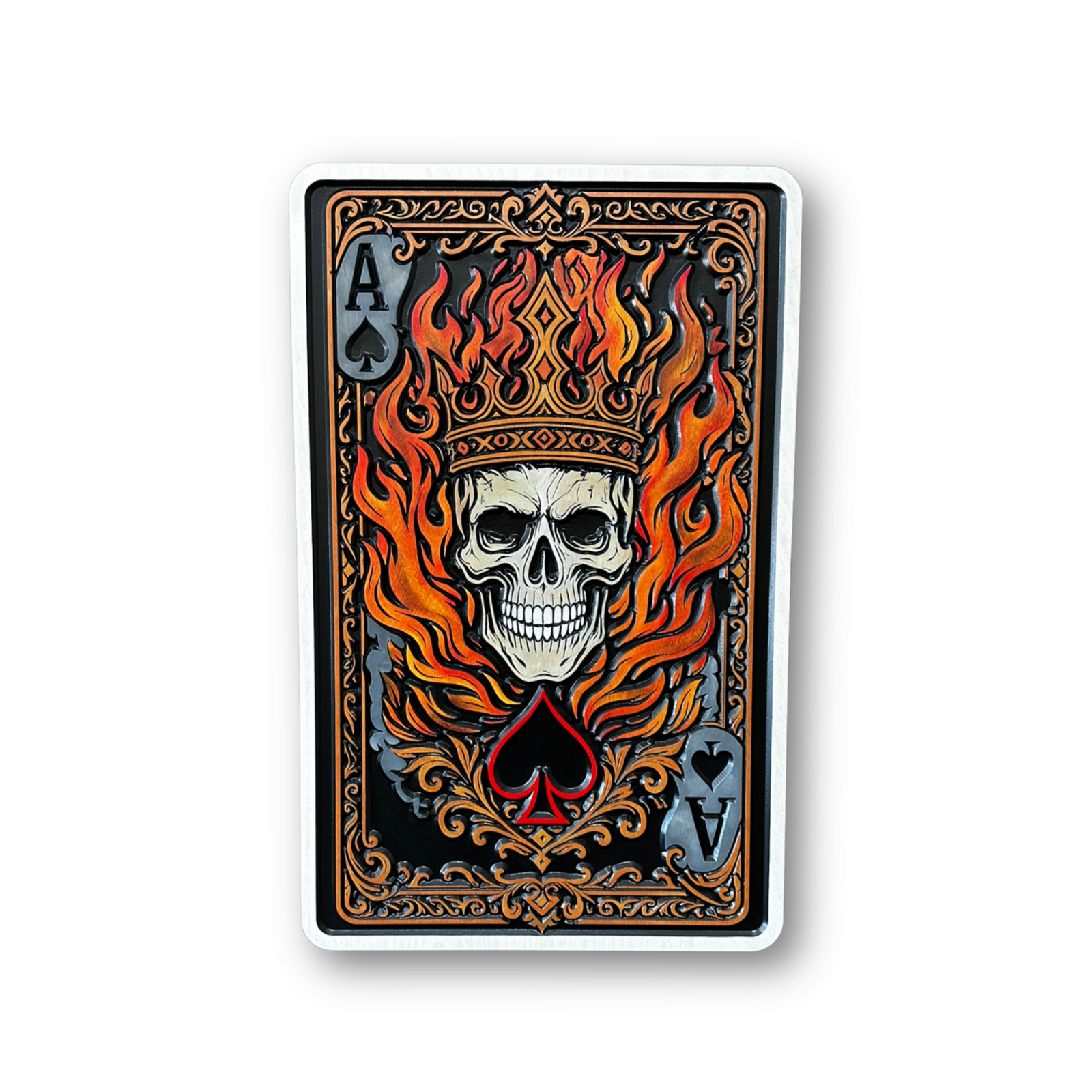 Ace of Spades skull wood sign with crown flames and ornate playing card design on white background
