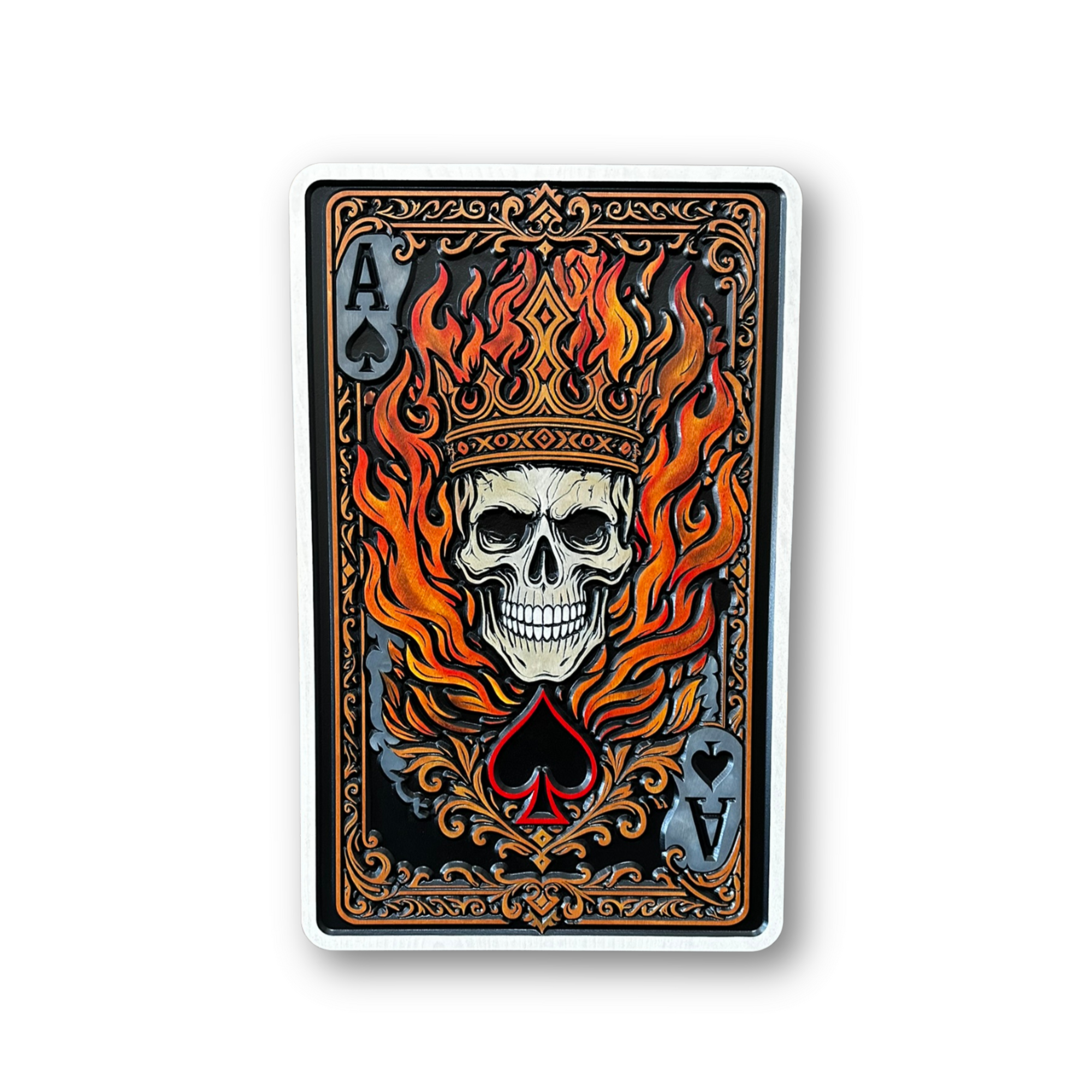 Ace of Spades skull wood sign with crown flames and ornate playing card design on white background