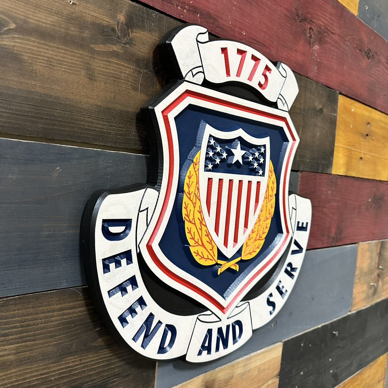 Side profile of US Army Adjutant General Corps carved wood wall sign showing thickness