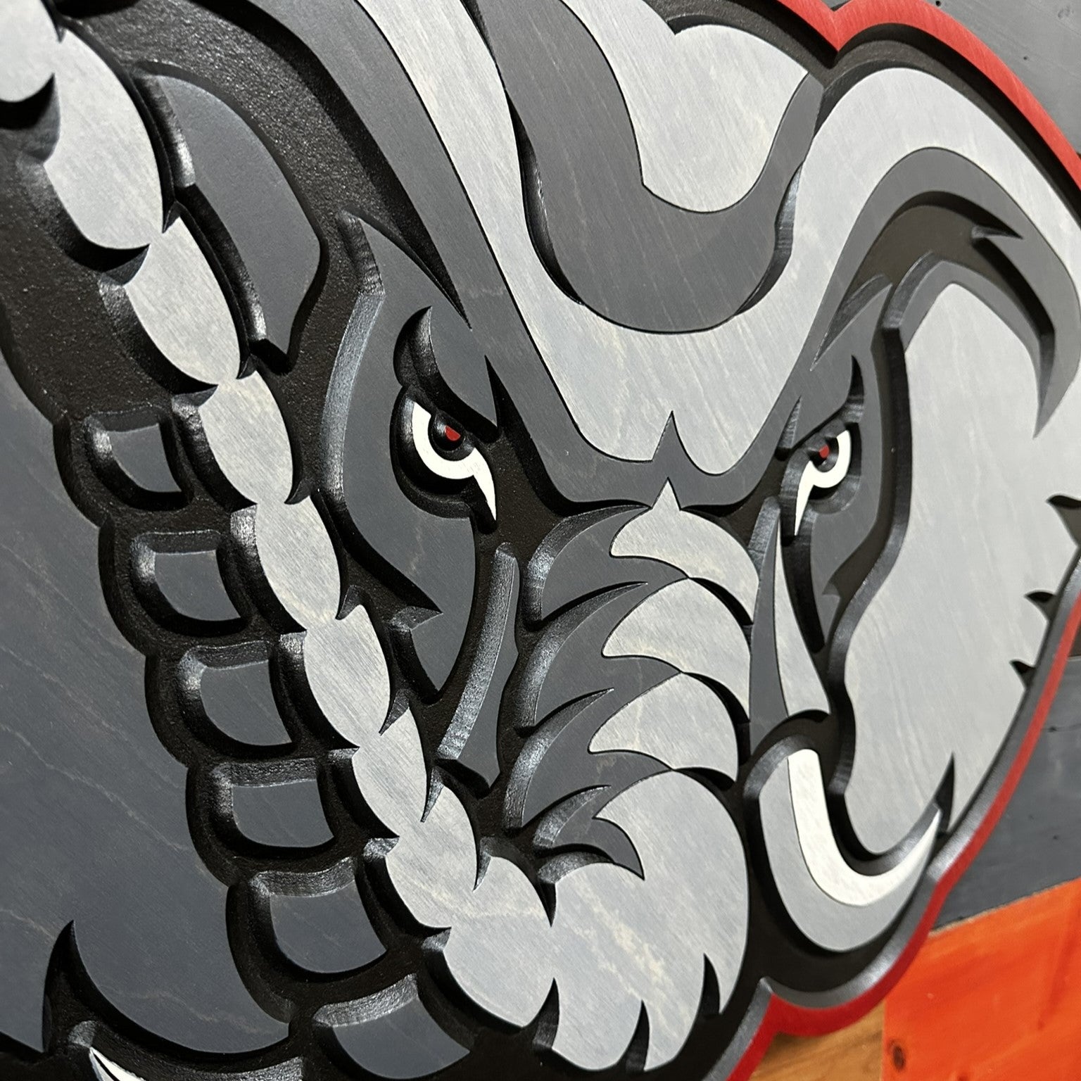 Angled view of Alabama Big Al elephant head wall art