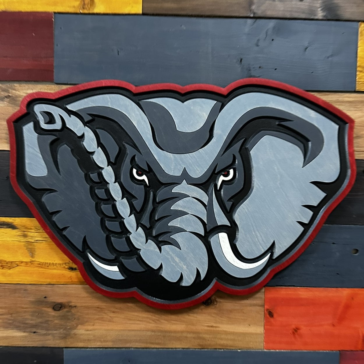 Close-up of Alabama Big Al elephant head wall art detail