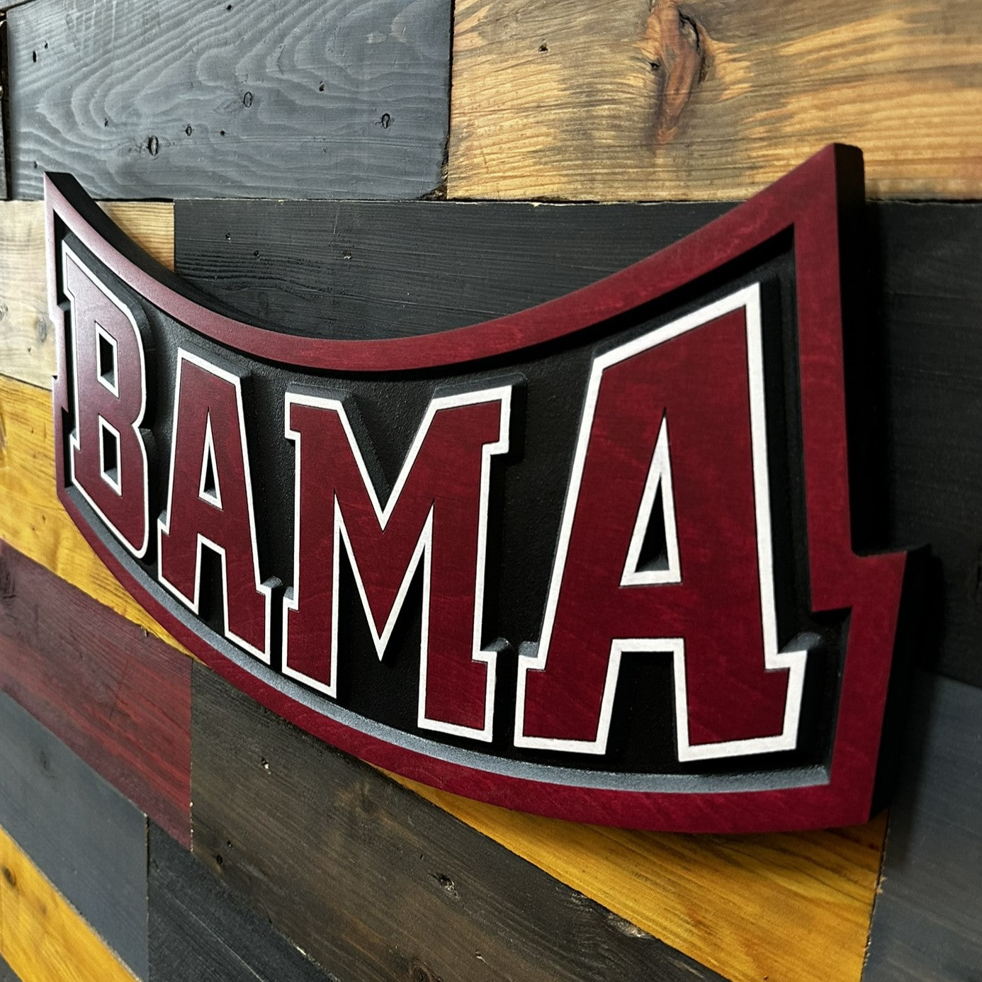 Angled view of Alabama Crimson Tide BAMA wood sign