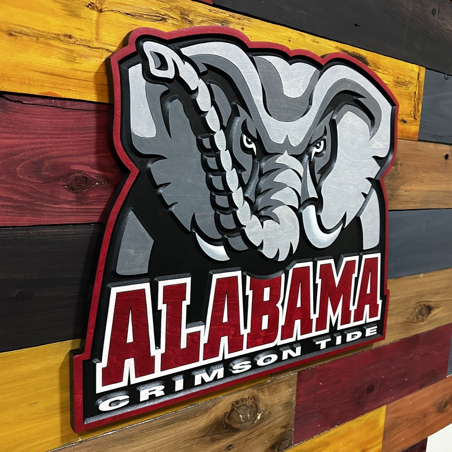 Angled view of Alabama Crimson Tide elephant head wood sign