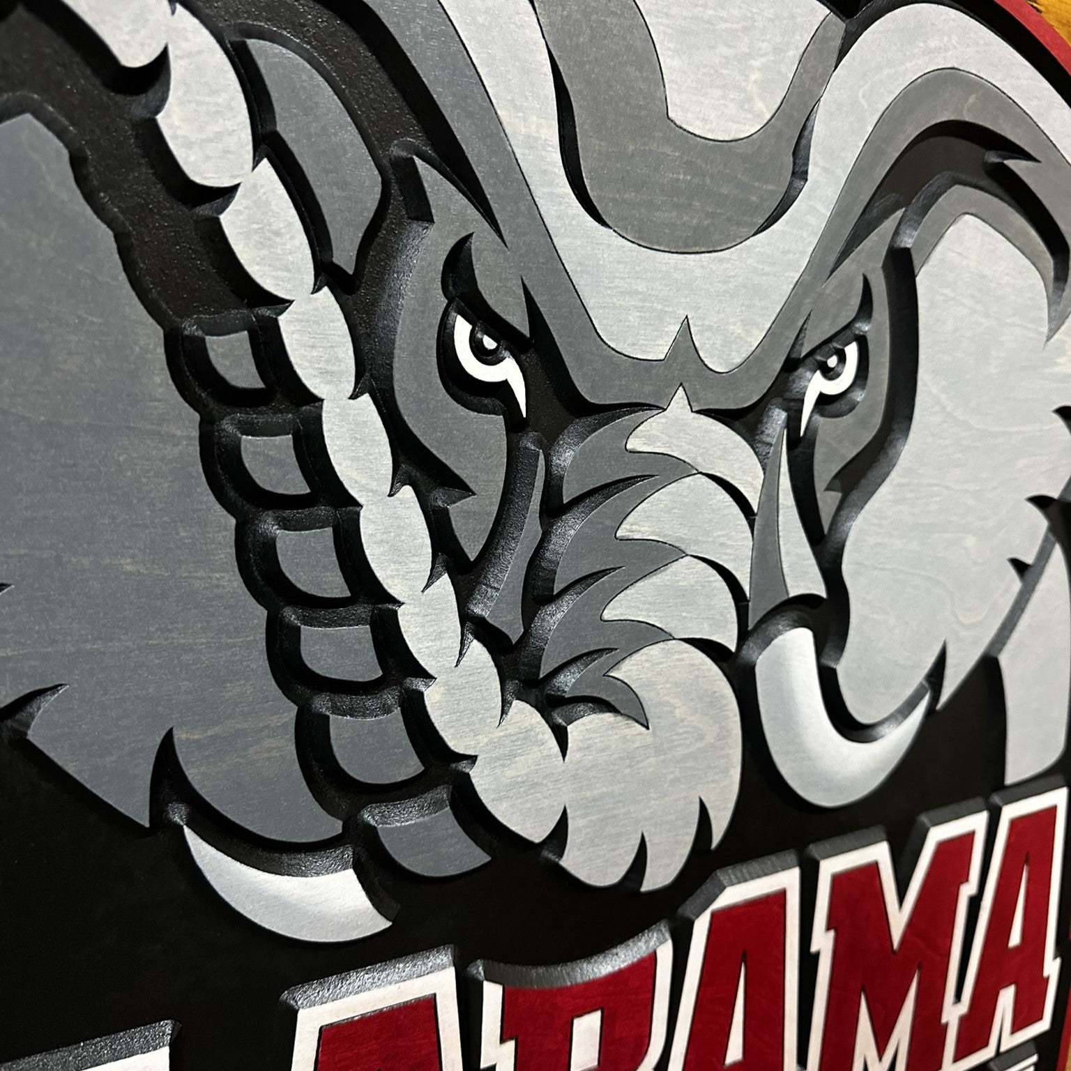 Side profile of Alabama Crimson Tide elephant head wood sign
