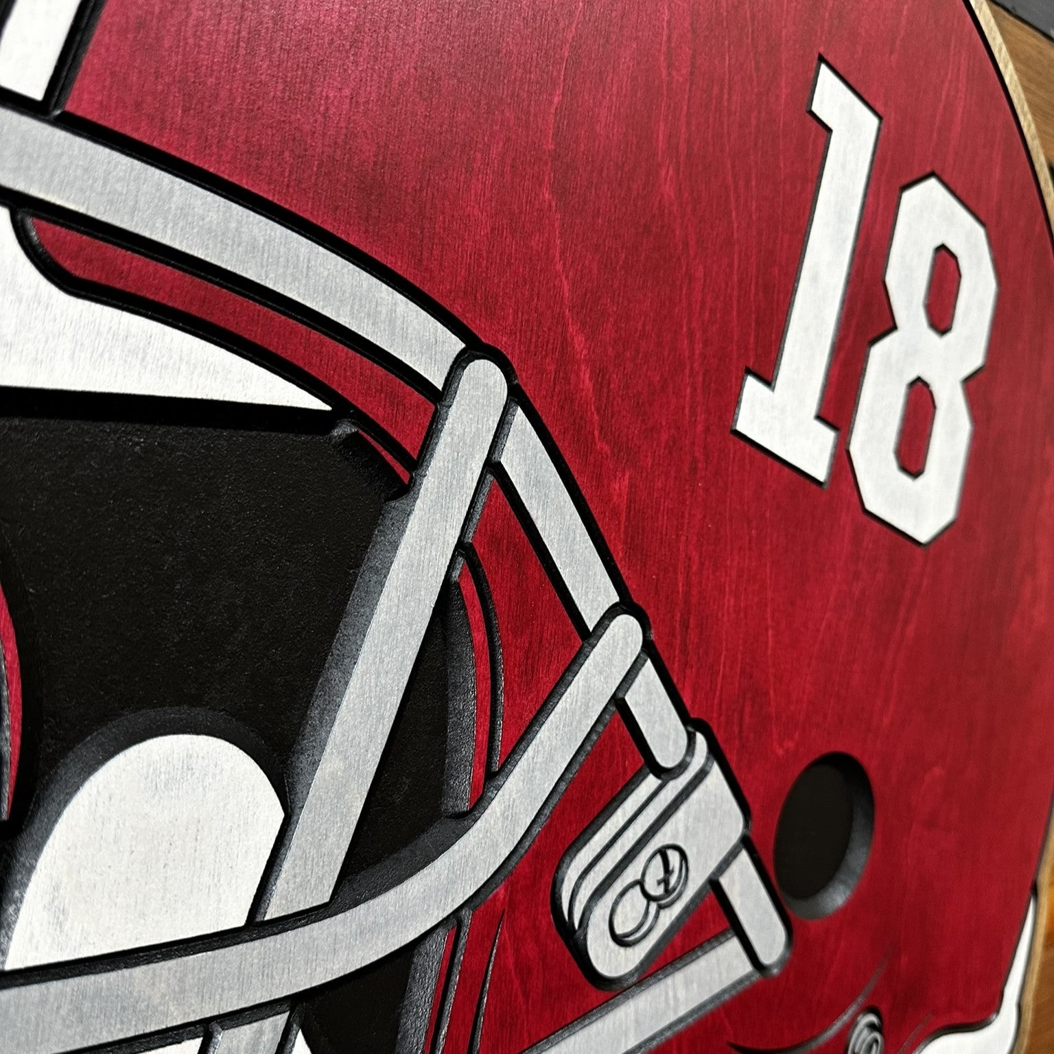 Angled view of Alabama Crimson Tide 18 championships wood sign