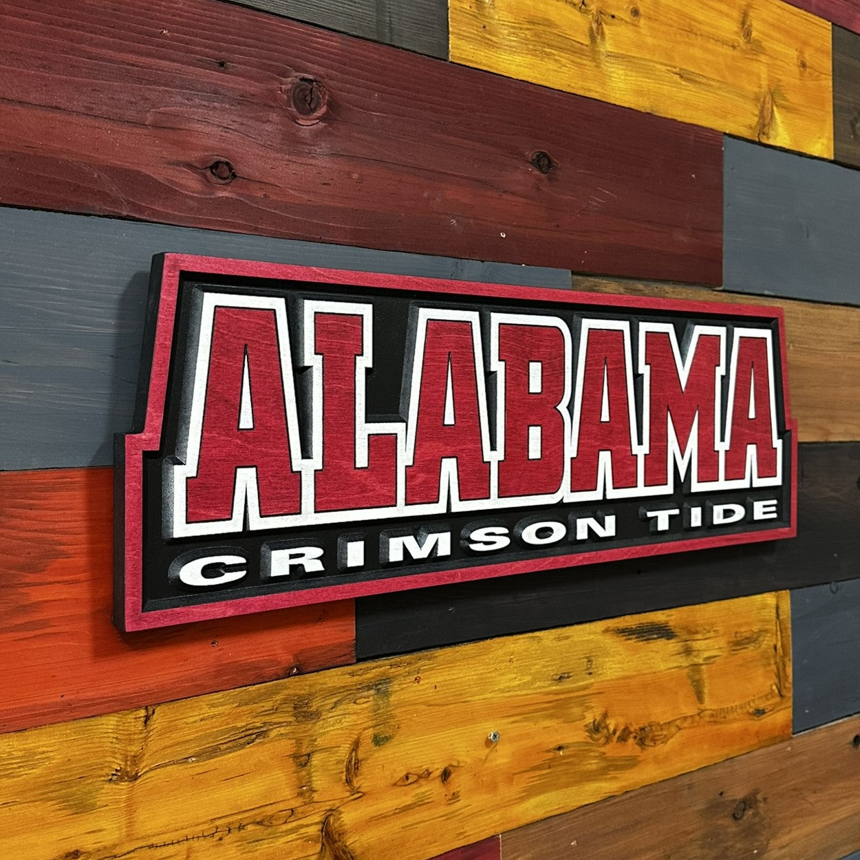 Angled view of Alabama Crimson Tide wood sign