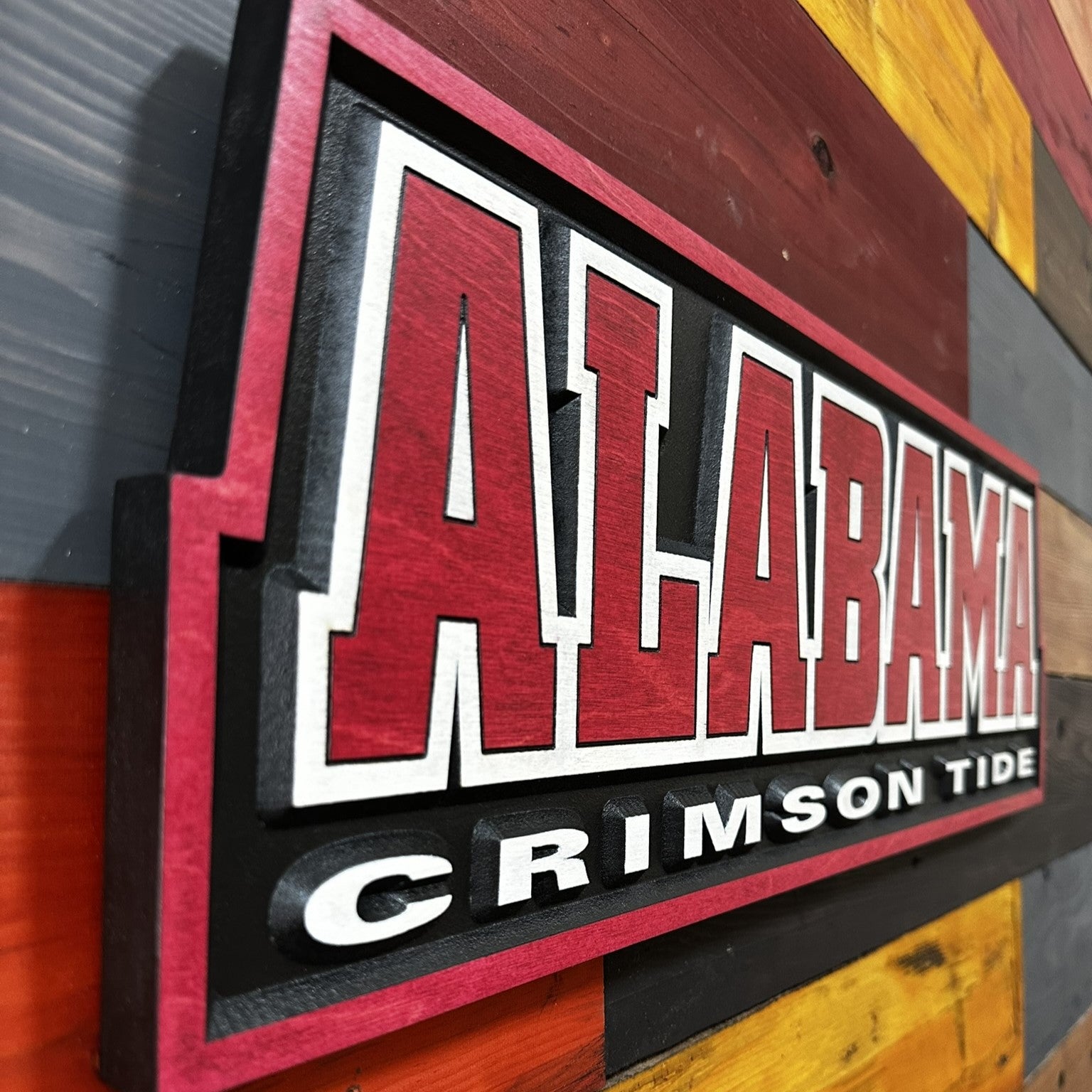 Side profile of Alabama Crimson Tide wood sign
