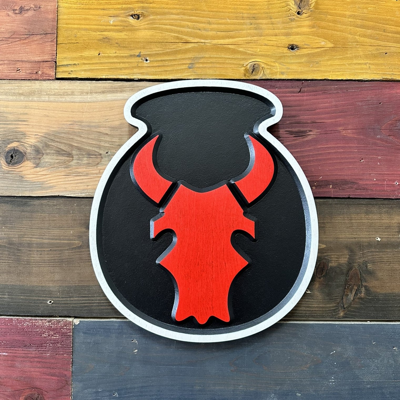 Army 34th Infantry Division Red Bull CSIB insignia carved wood wall art