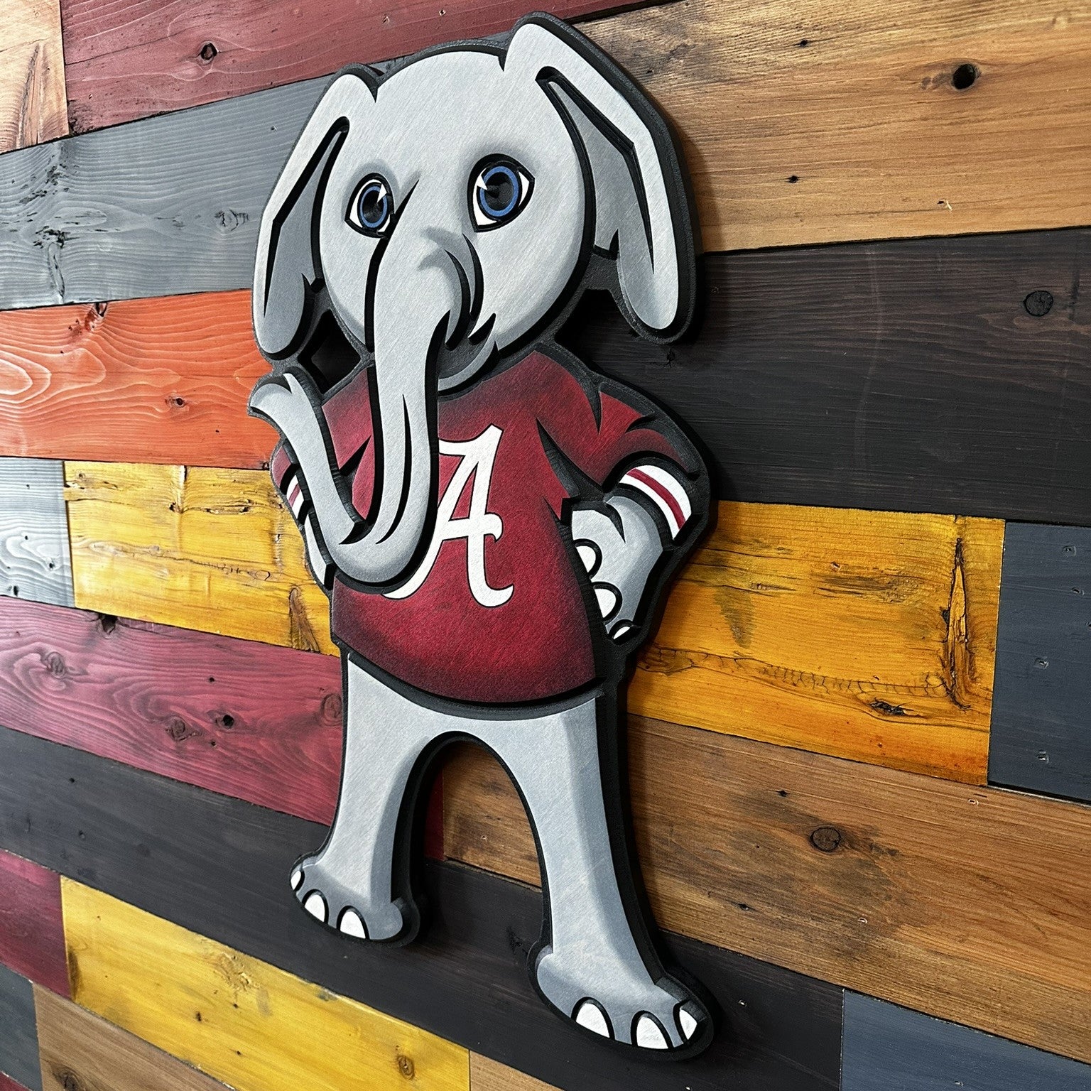 Angled view of Big Al Alabama mascot wood sign