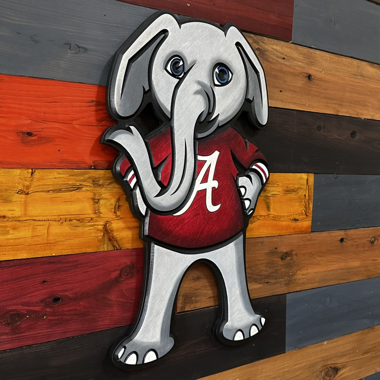 Side profile of Big Al Alabama mascot wood sign