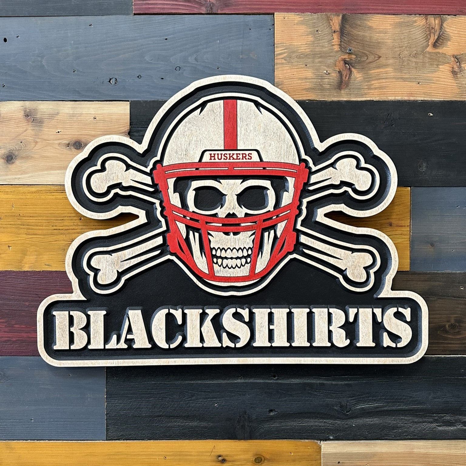 Nebraska Blackshirts skull and crossbones handcrafted Husker wall sign