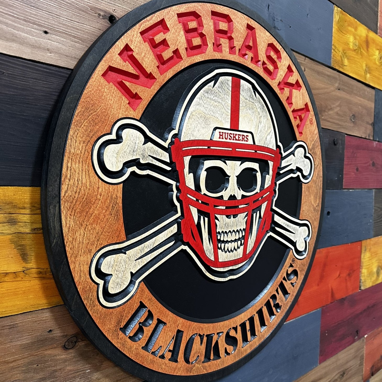 Side profile of carved Blackshirts wood sign depth and edges