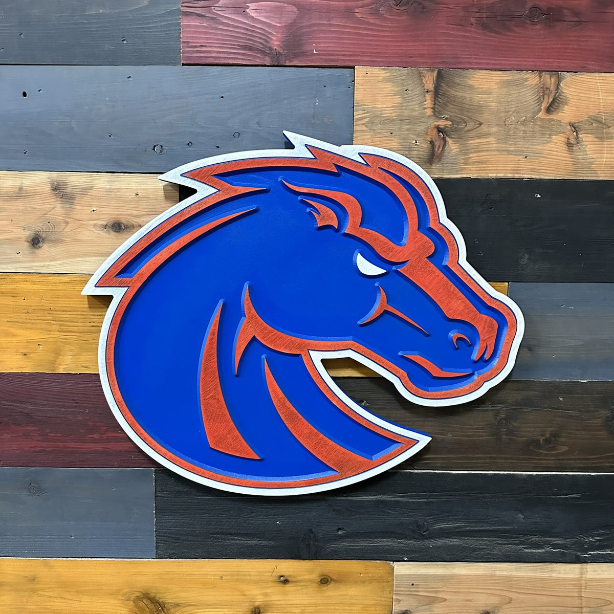 Boise State Broncos Bronco head handcrafted wood wall art in blue orange and white