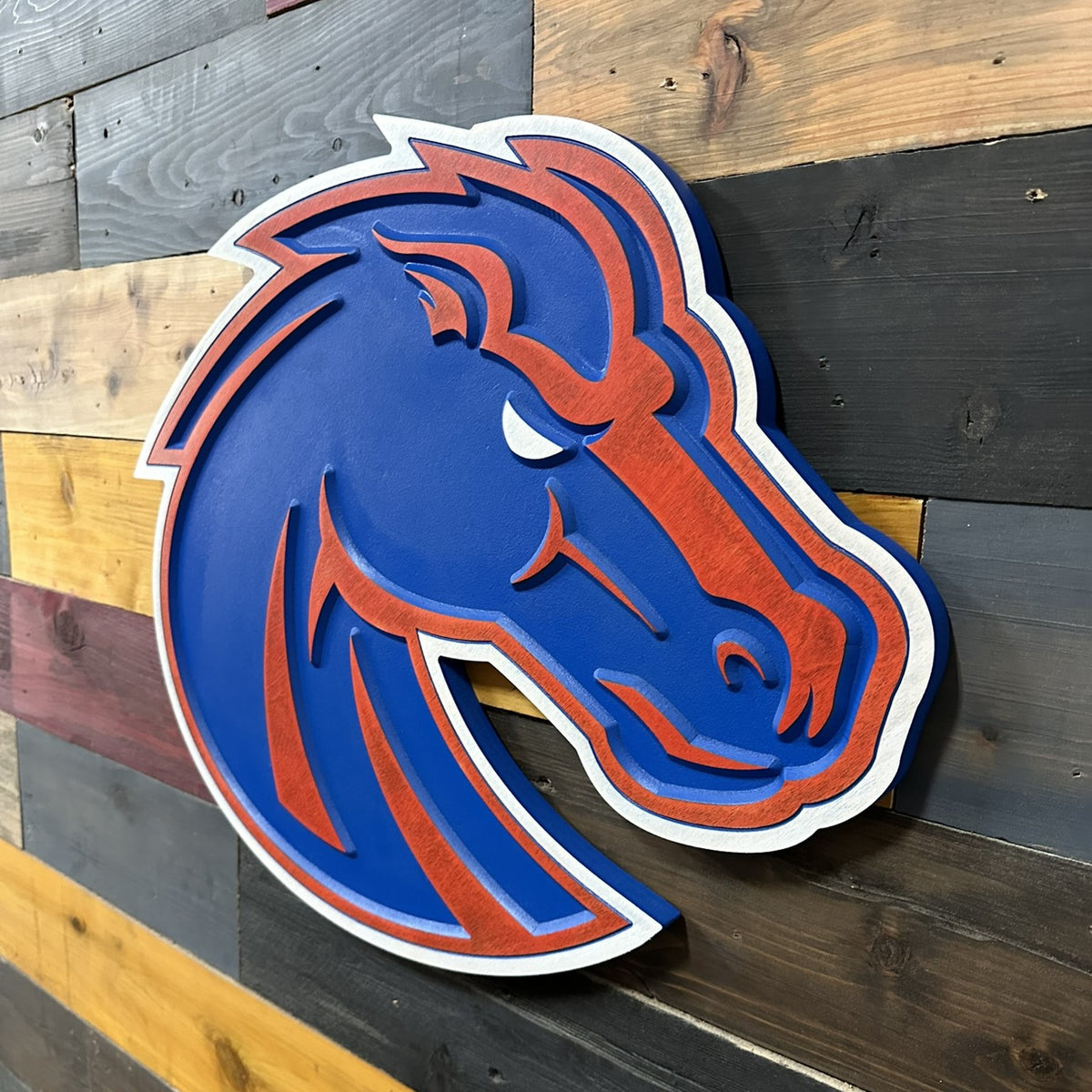 Handcrafted Boise State Broncos wood sign made in Nebraska with carved dimensional details