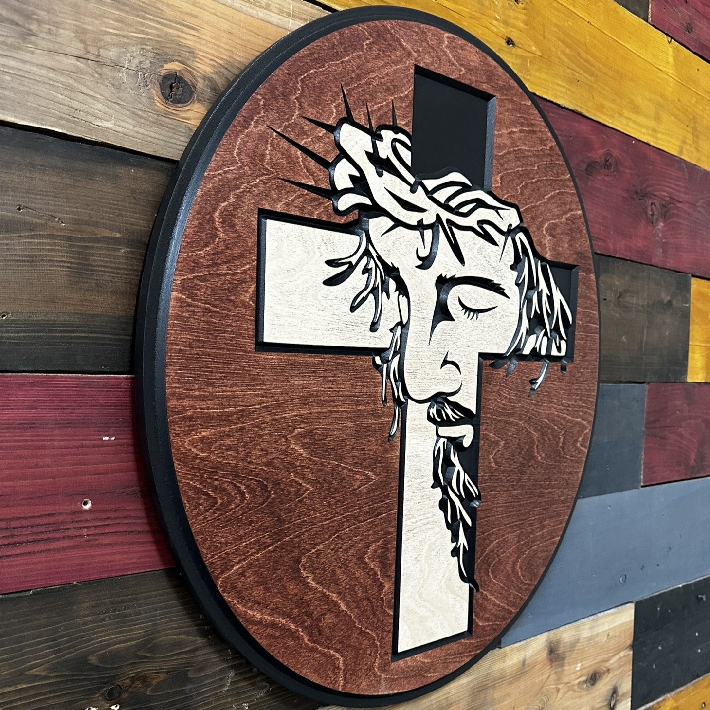 Christian religious wood wall decor featuring Jesus Christ carrying the cross
