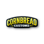 Cornbread Customs yellow logo wood sign with arched yellow lettering and white Customs text on white background