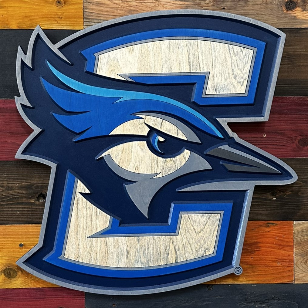 Close-up of Creighton Bluejays 3D wood wall sign detail