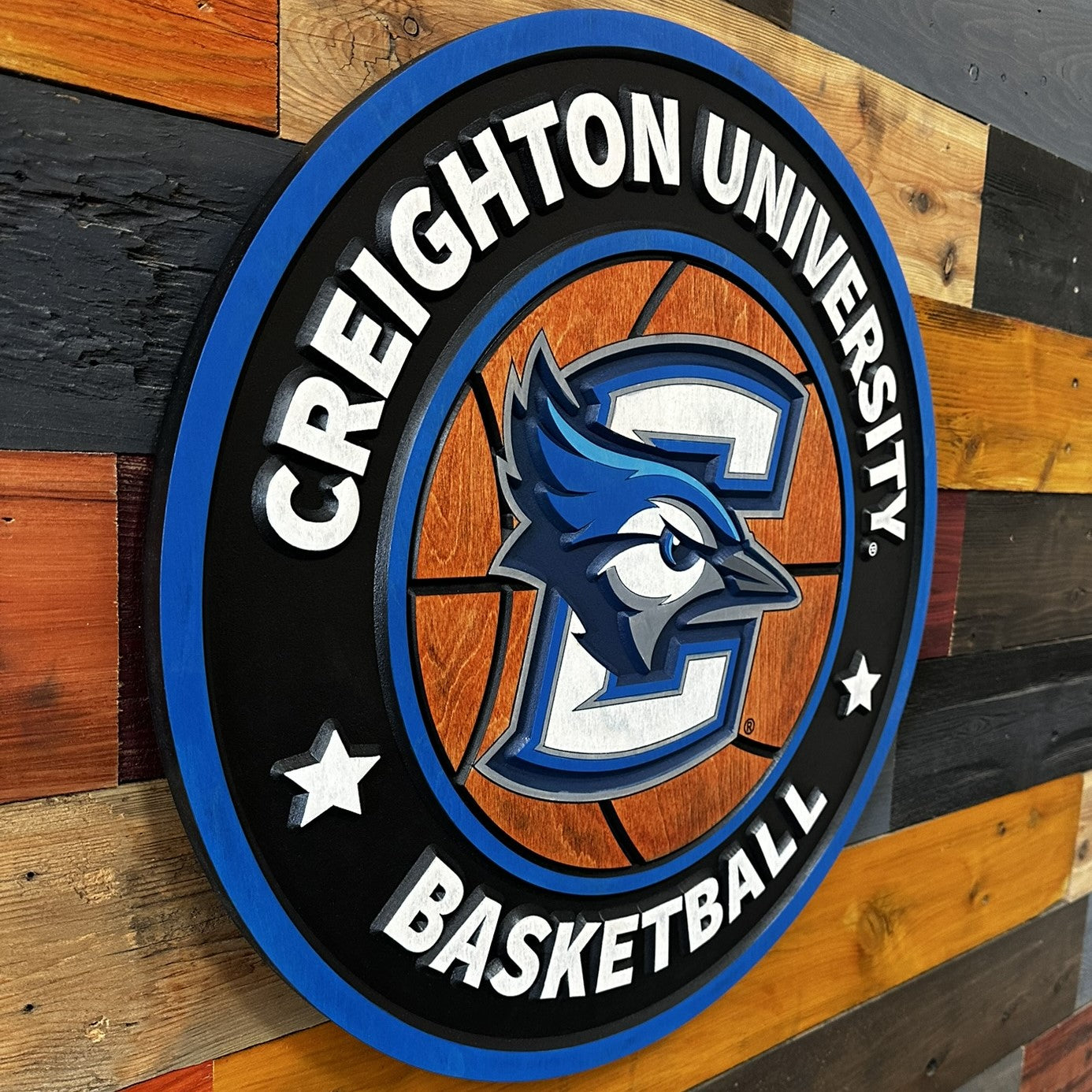 Angled view of Creighton Bluejays basketball wall sign