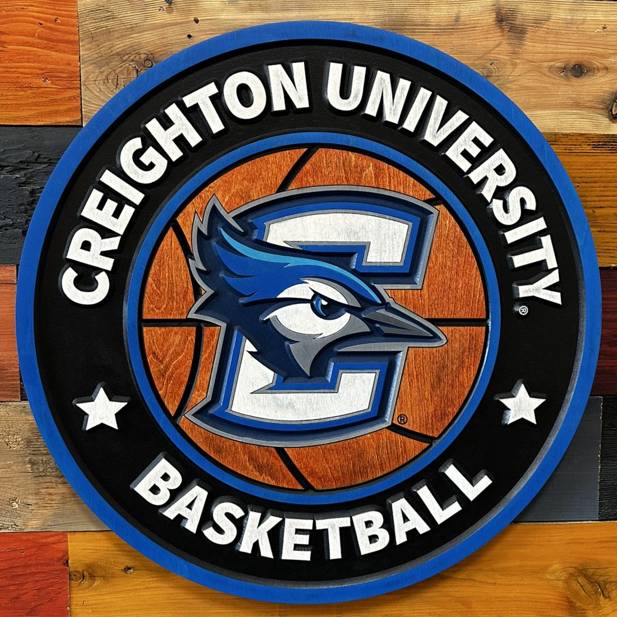 Close-up of Creighton Bluejays basketball wall sign detail