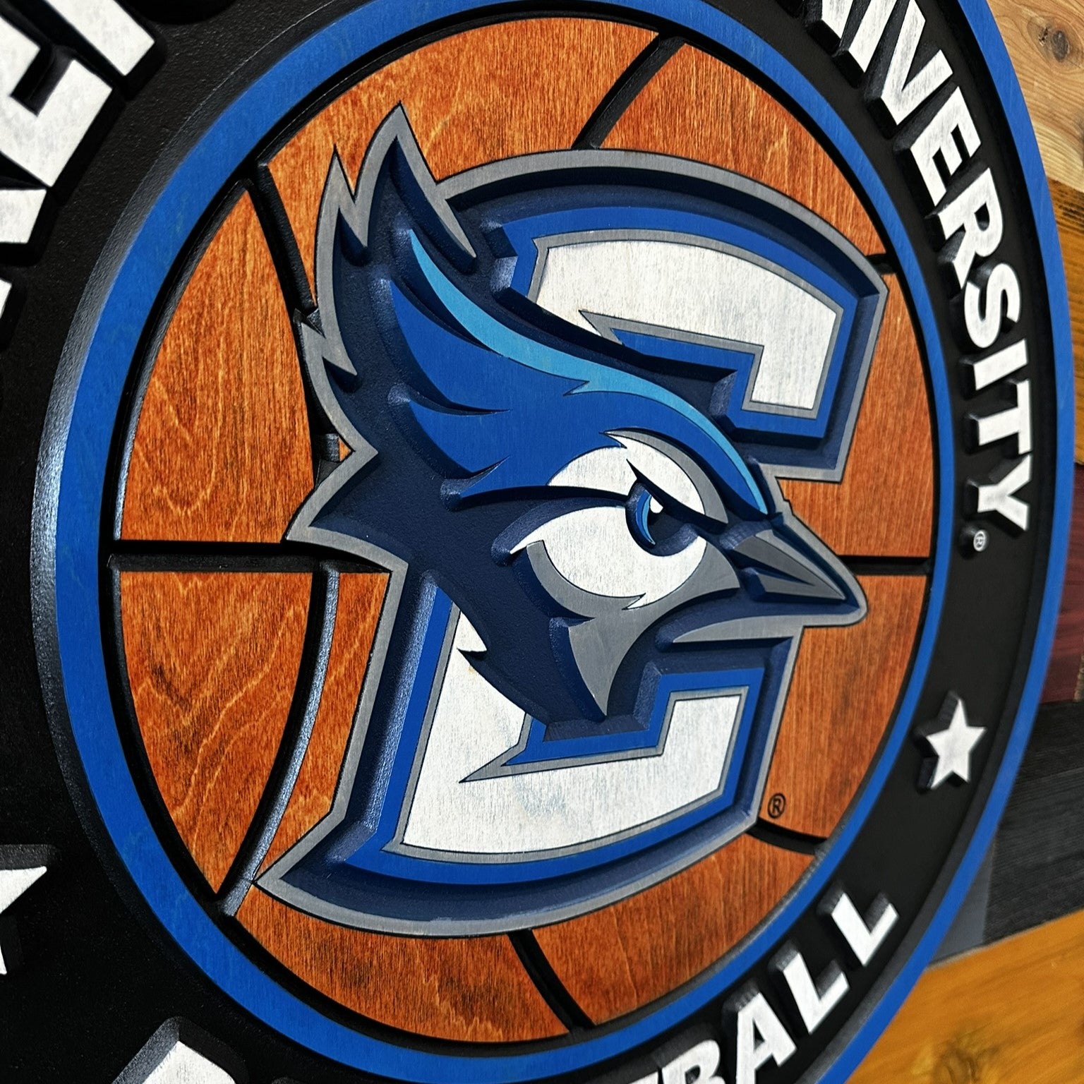Side profile of Creighton Bluejays basketball wall sign