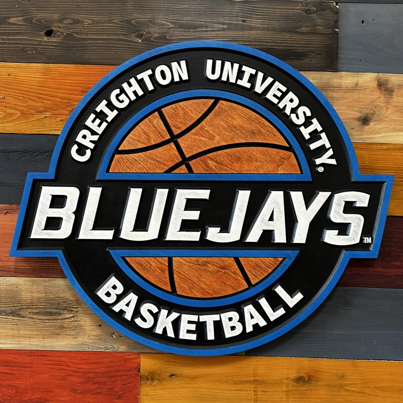 Close-up of Creighton Bluejays basketball wood sign detail
