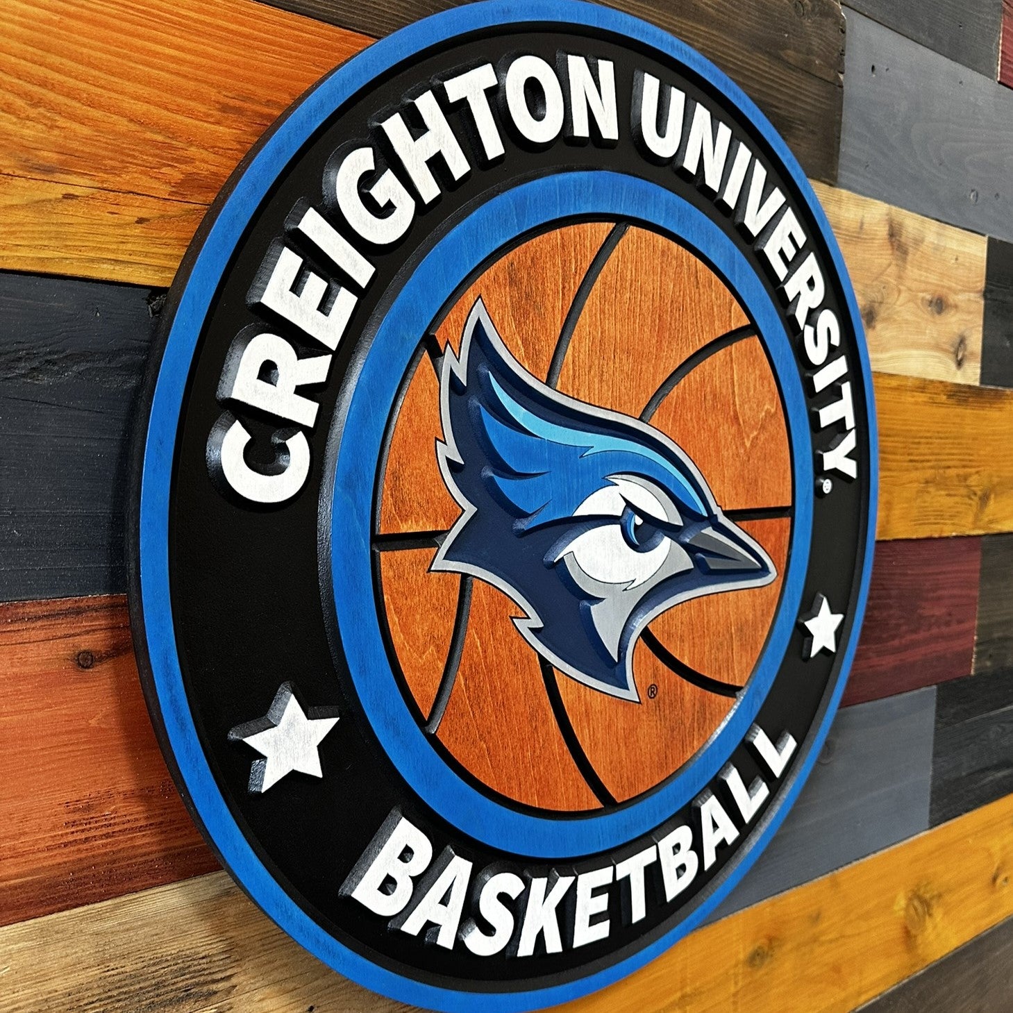 Angled view of Creighton Bluejays Billy basketball wall sign
