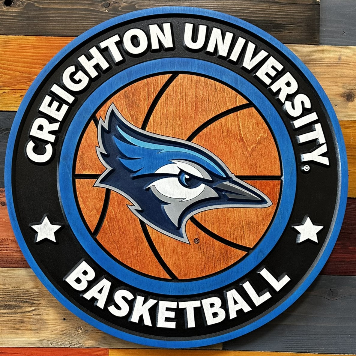 Close-up of Creighton Bluejays Billy basketball wall sign detail