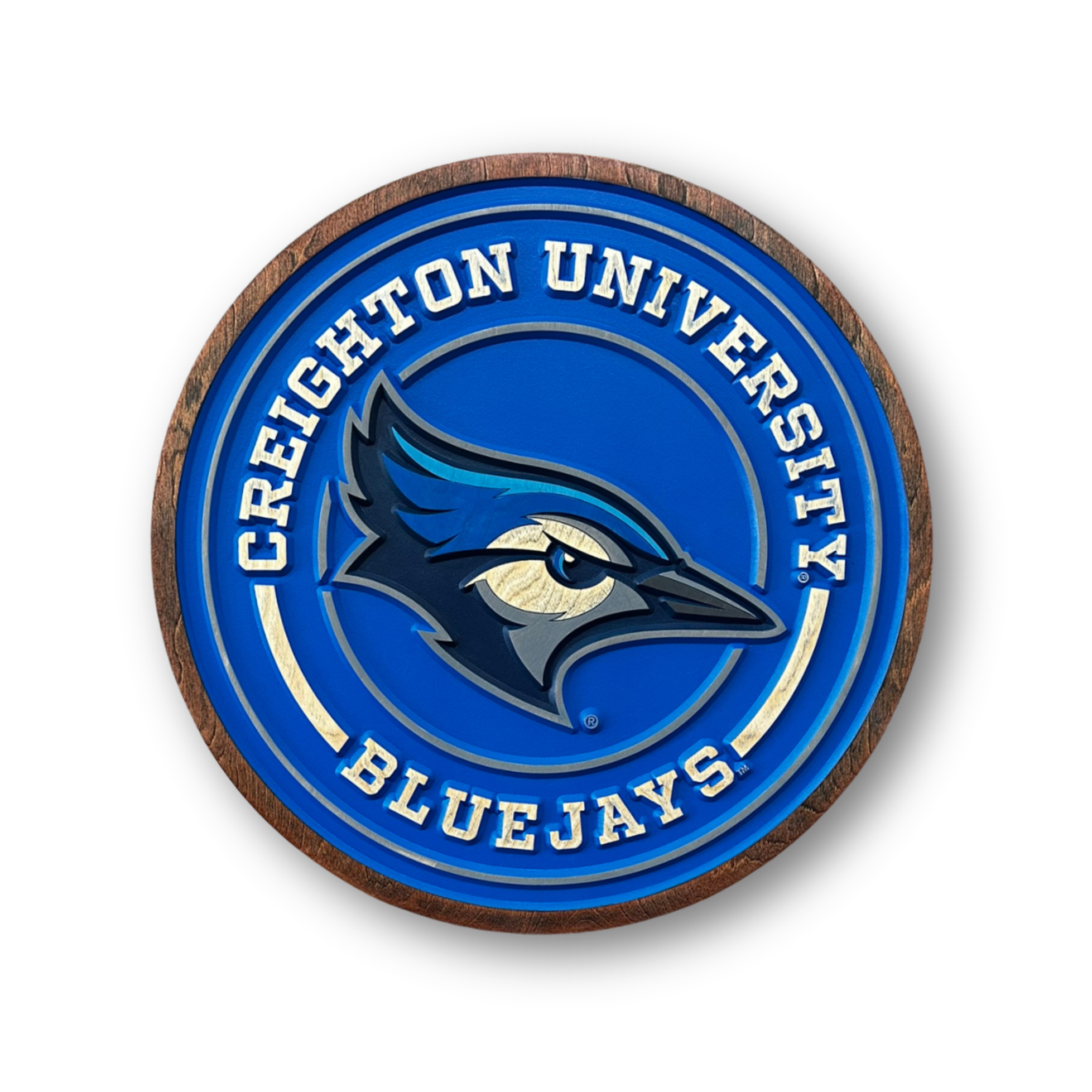 Creighton Bluejays Billy round wood sign front view
