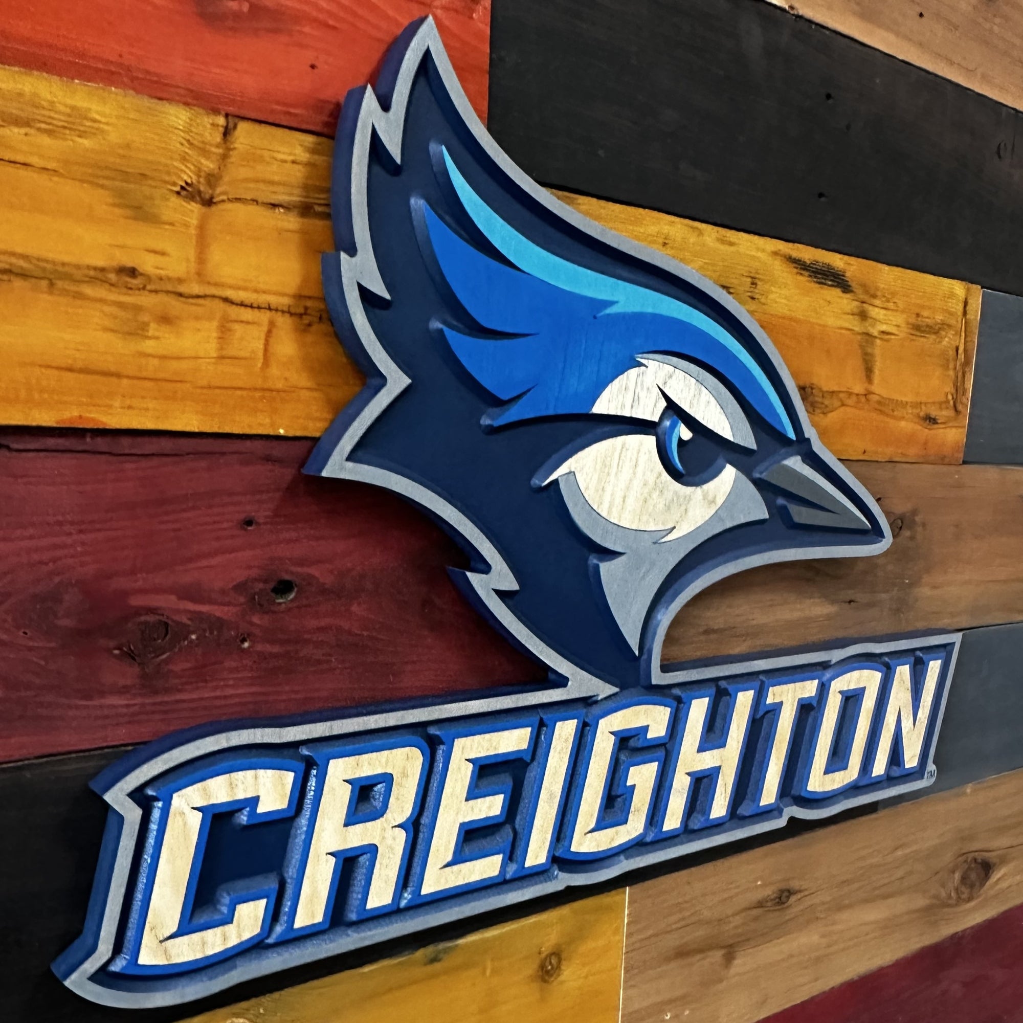 Creighton Bluejays Billy wood sign displayed on wall