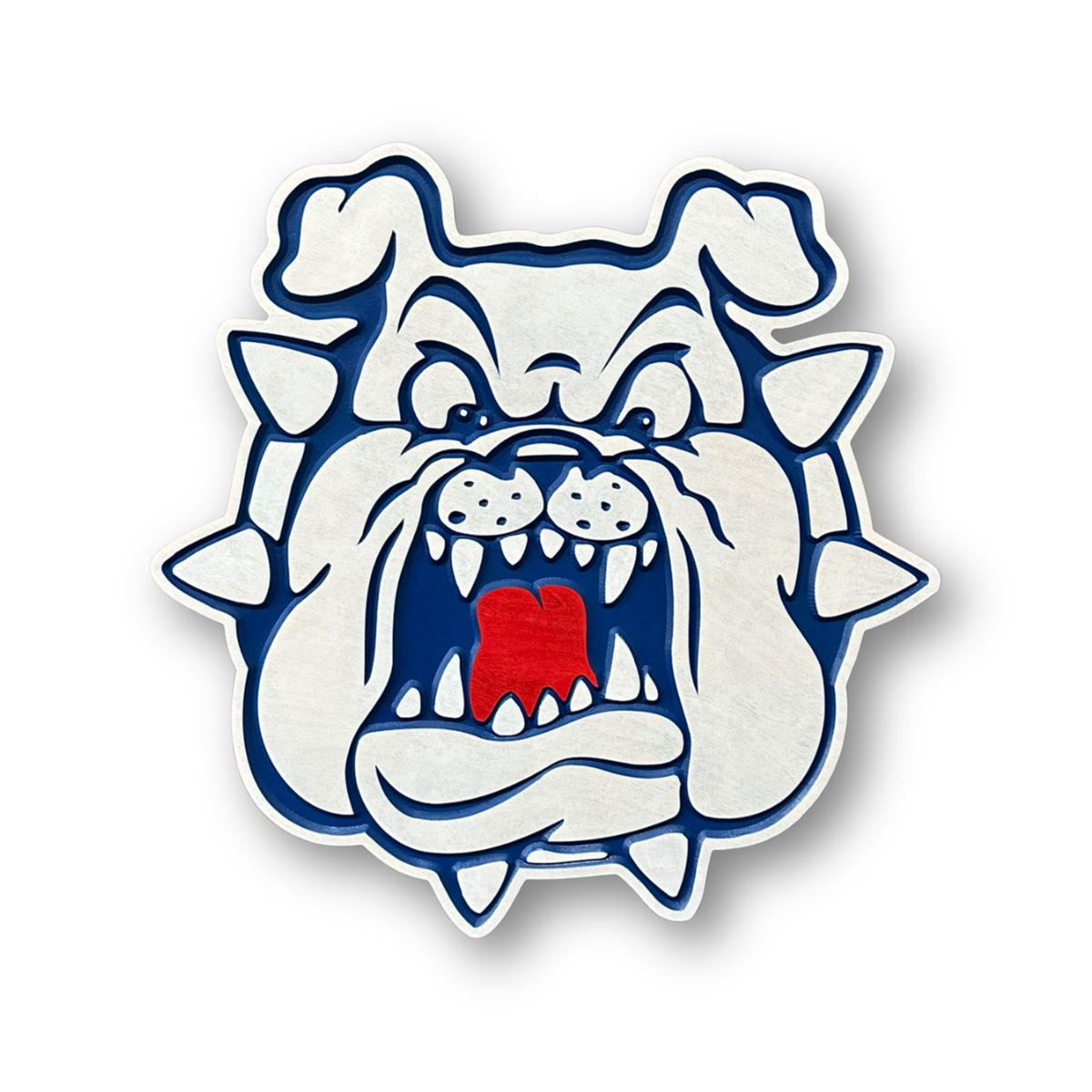 Fresno State Bulldogs 3D carved wood sign featuring the Victor E. Bulldog mascot head in blue white and red