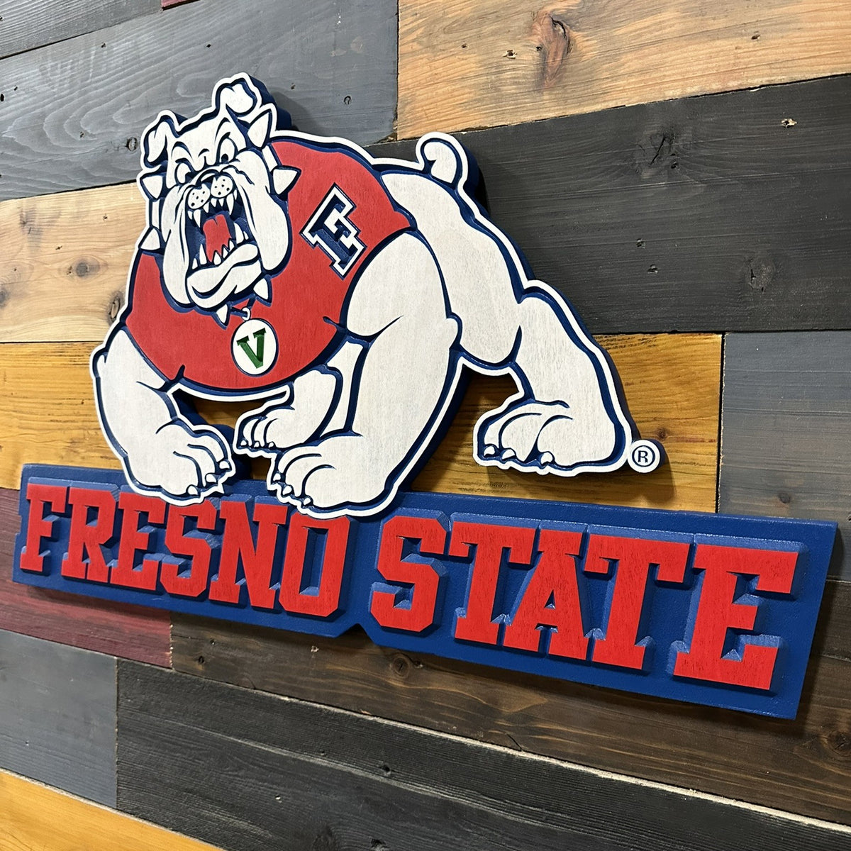 Dimensional Fresno State Bulldogs carved sign featuring Victor E. Bulldog and Fresno State lettering