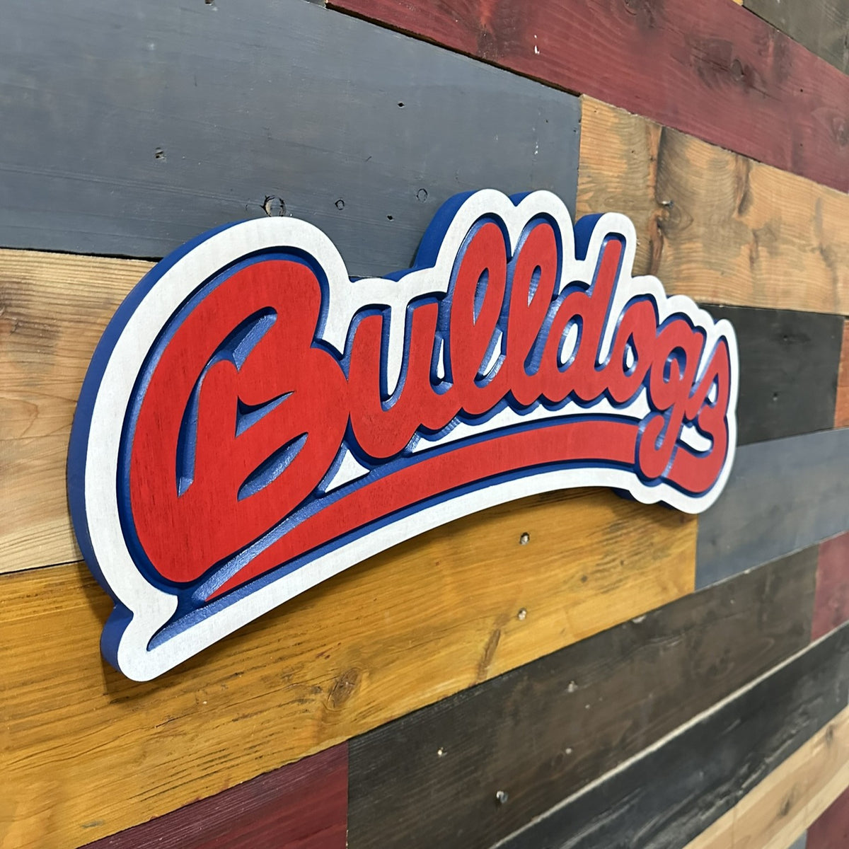 Dimensional Fresno State Bulldogs carved wood sign with red script lettering and blue outline details